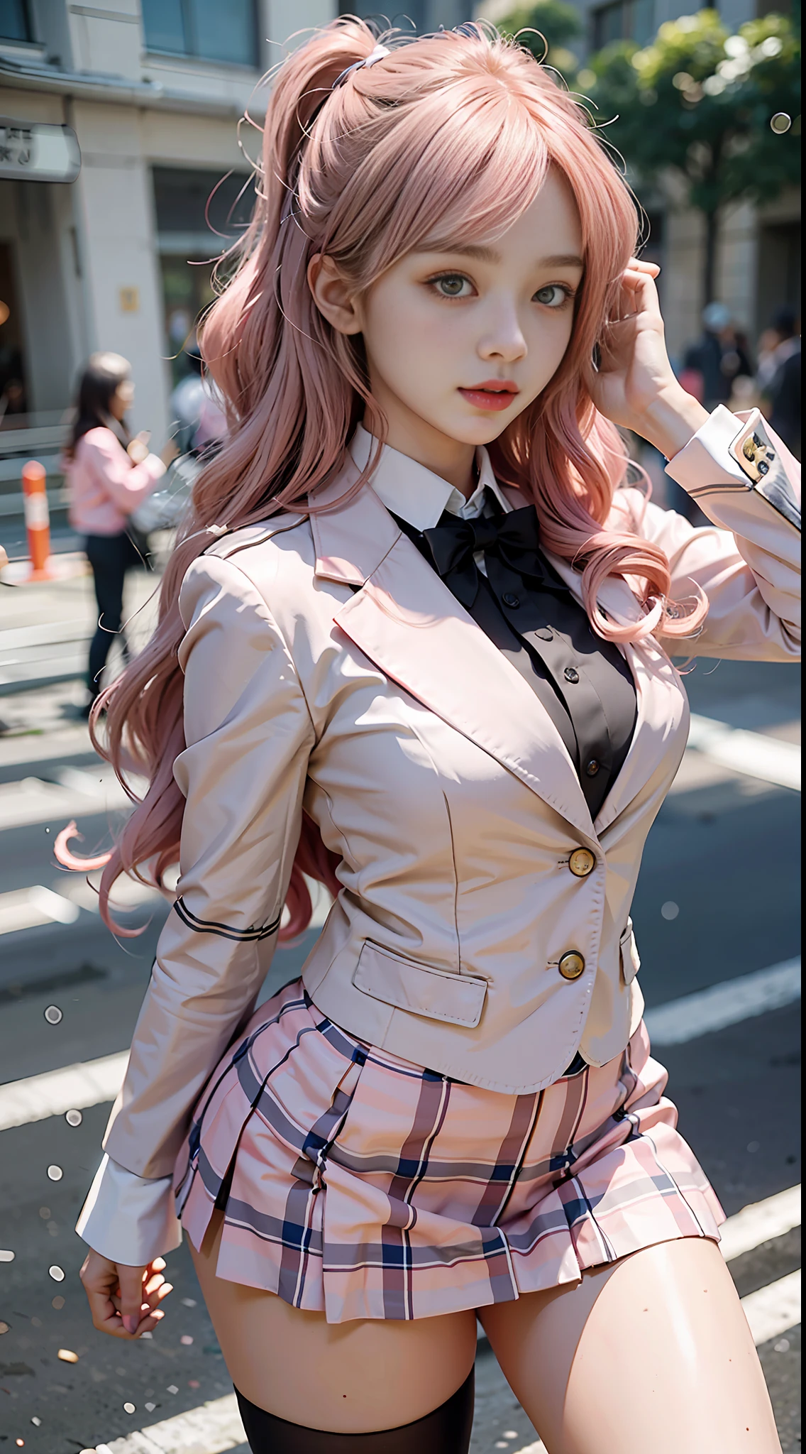 voluptuous body, beautiful face, photogenic , 3D, Blazer uniform, long pink hair in curls, hands raised, 校庭, 唇, High school student, schoolyard, school uniform, real,