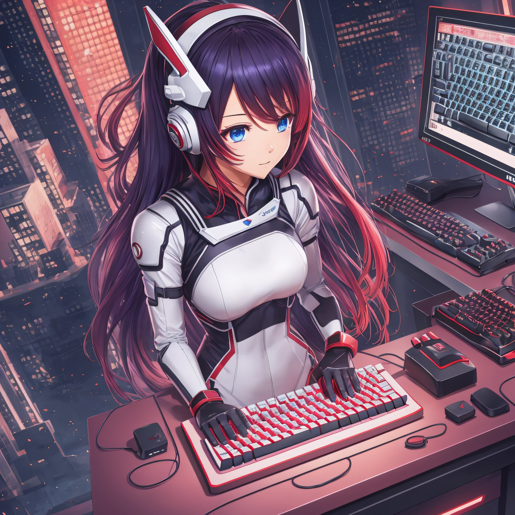 1 anime girl, solo, hero suit, multicolored hair, best quality, 8k, red hero suit, white gloves, super hero tight suit, brinf on hand a mechanical keyboard or typing mechanical keyboard, image lanscape, ratio 900x400 --auto --s2