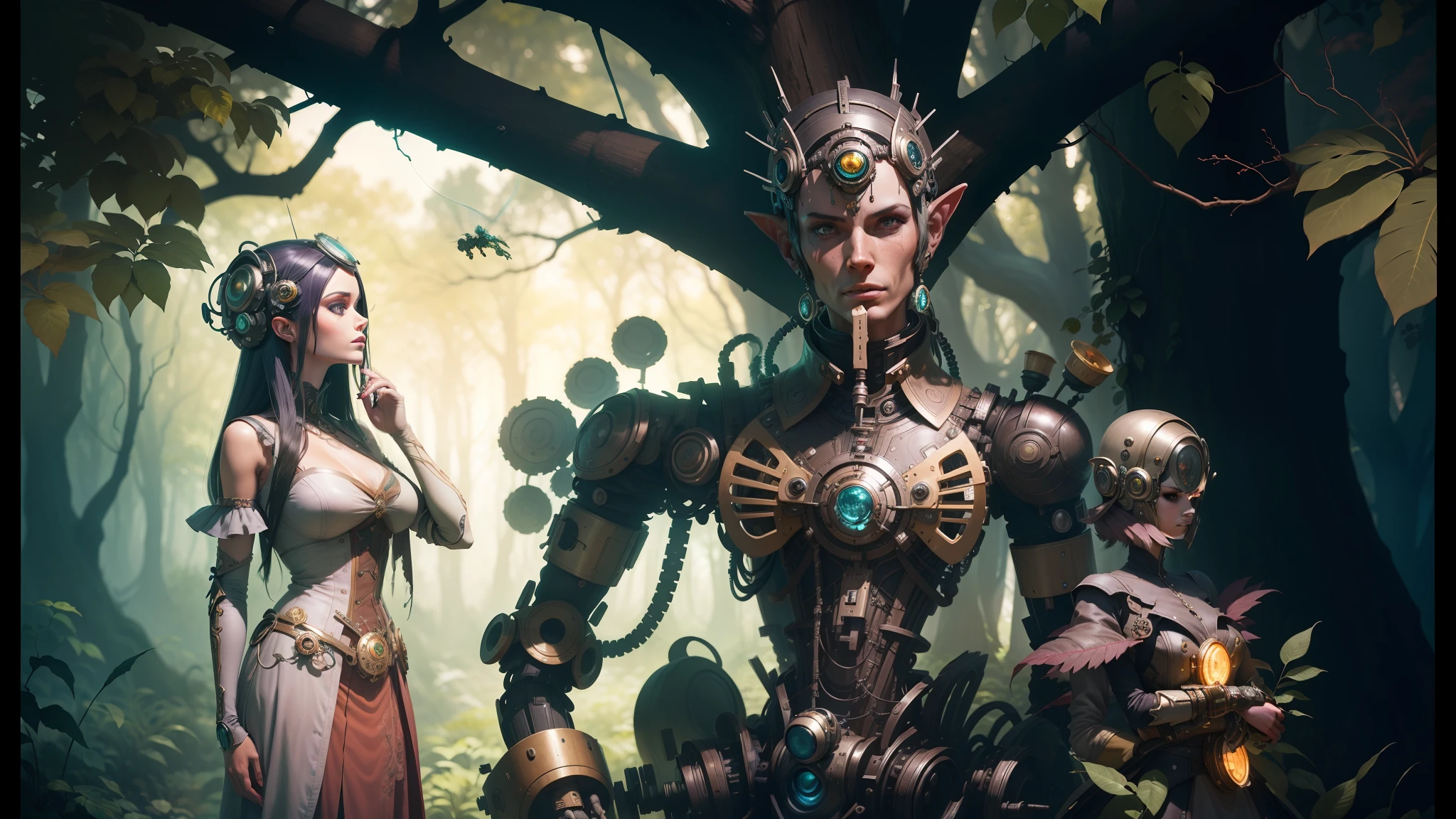 there is a woman and a robot standing under a tree, inspired by Android Jones, decopunk, in a whimsical fairy tale forest, video game character design, cyborg fashion photo, steam punk party, interconnected human life forms, cgsociety 9, mechanical elves, toy art --auto --s2