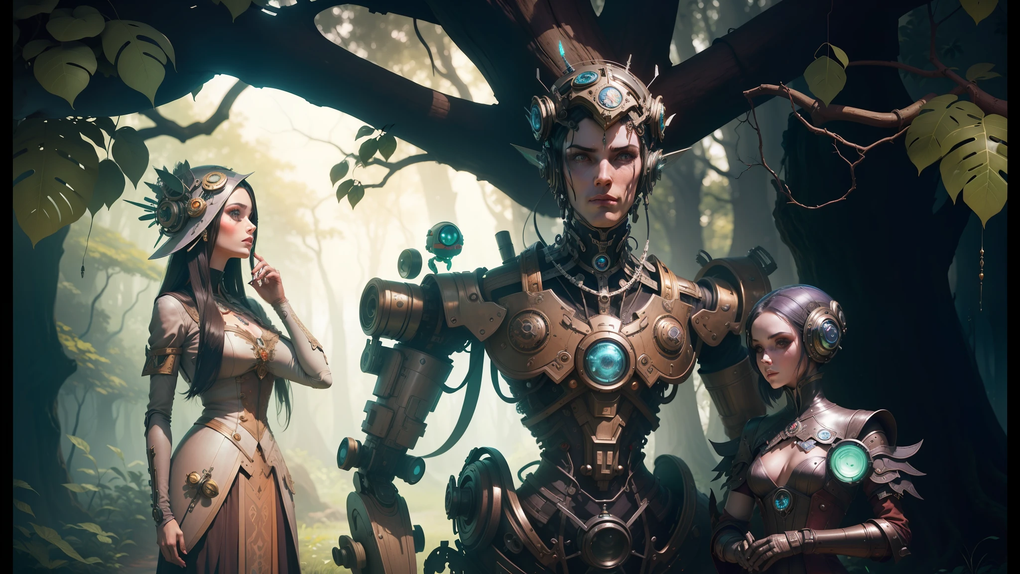 there is a woman and a robot standing under a tree, inspired by Android Jones, decopunk, in a whimsical fairy tale forest, video game character design, cyborg fashion photo, steam punk party, interconnected human life forms, cgsociety 9, mechanical elves, toy art --auto --s2