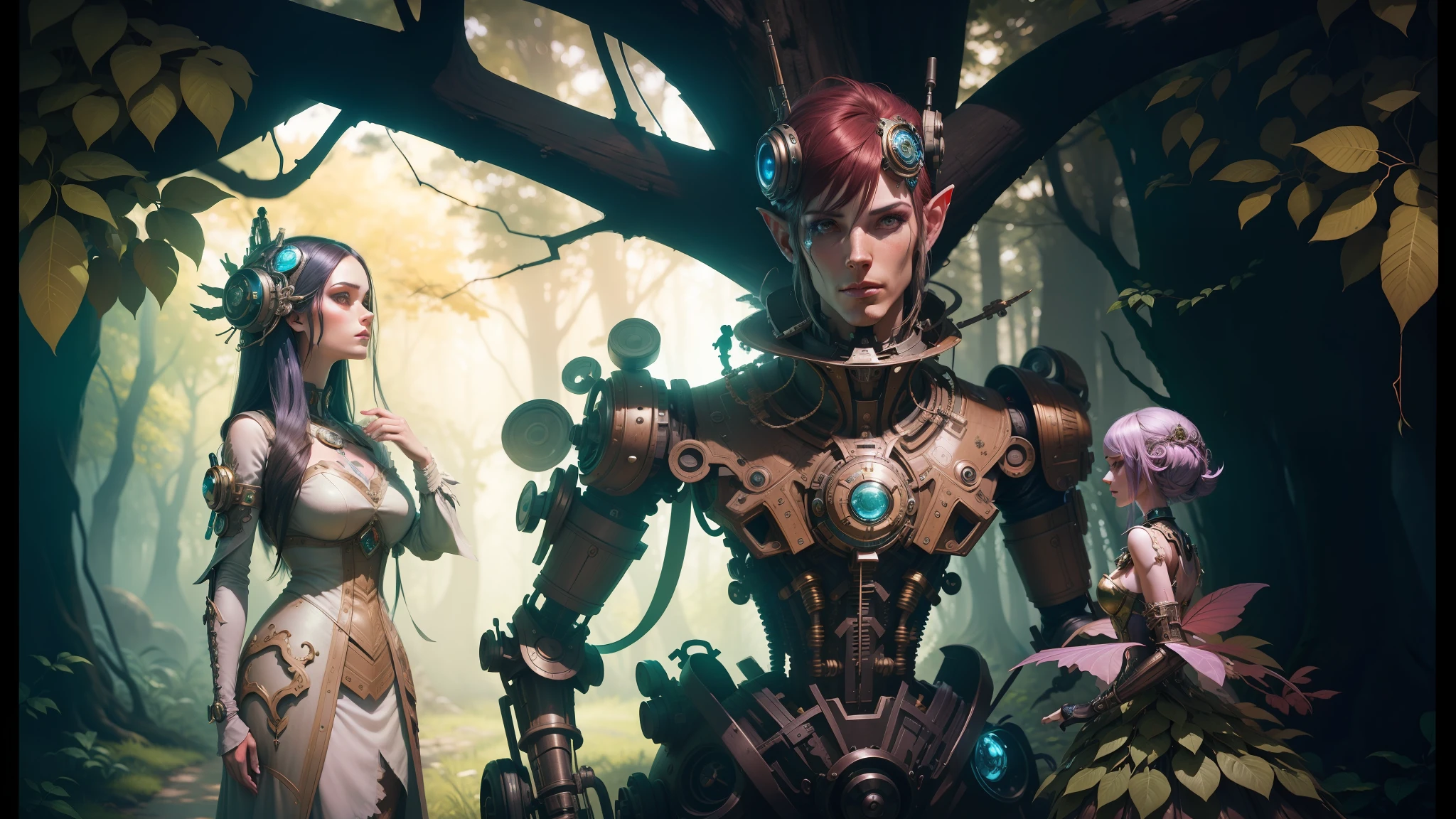 there is a woman and a robot standing under a tree, inspired by Android Jones, decopunk, in a whimsical fairy tale forest, video game character design, cyborg fashion photo, steam punk party, interconnected human life forms, cgsociety 9, mechanical elves, toy art --auto --s2