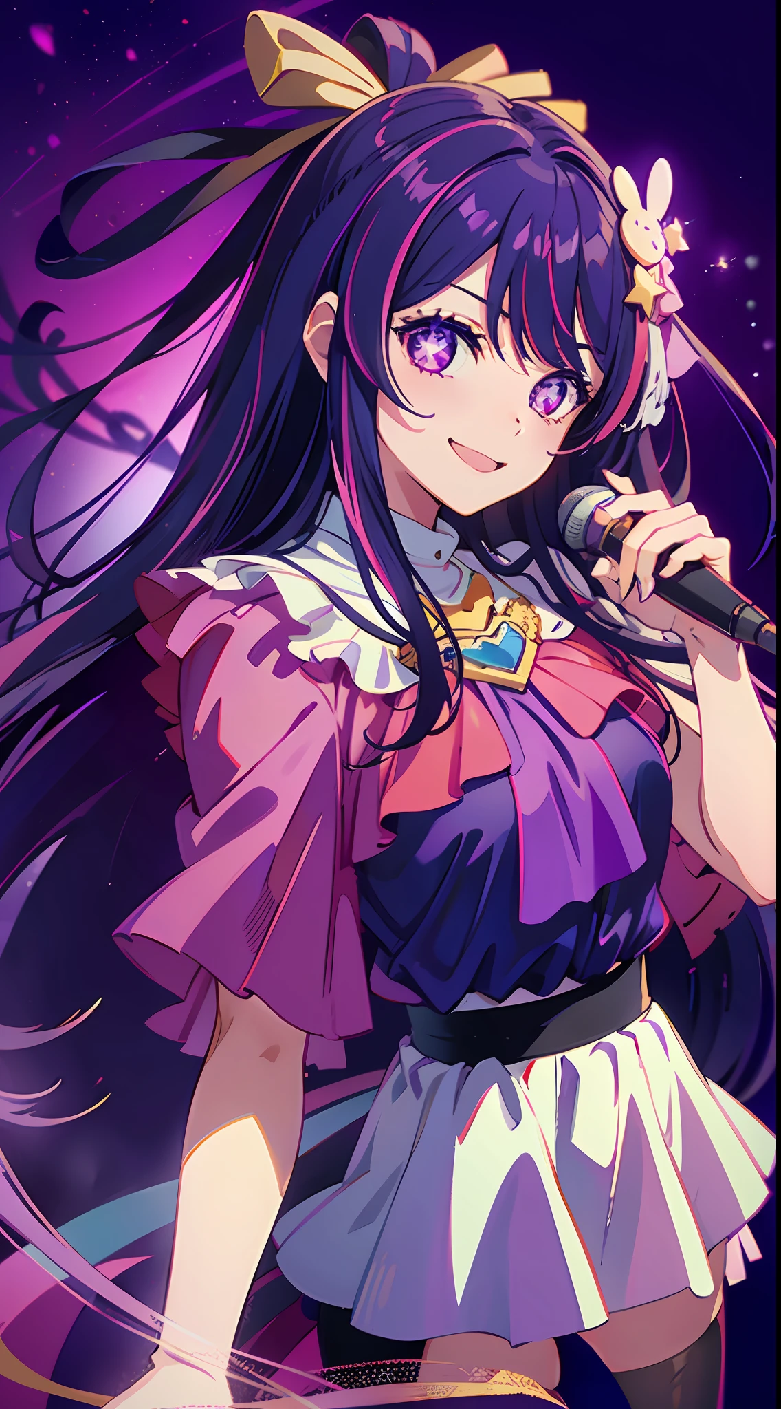 1girl, masterpiece, best quality, cowboy shot, Hoshino Ai, long hair, purple hair, streaked hair ,purple eyes, star-shaped pupils, hair ornament, idol outfit, smiling, holding a mic