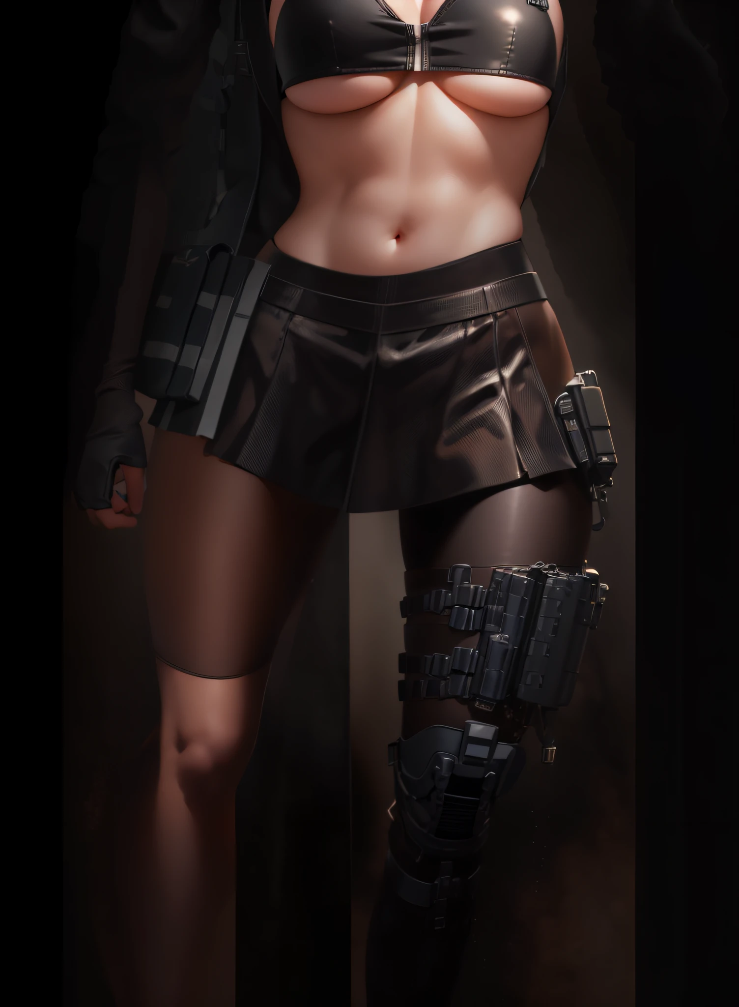 ulzzang-6500-v1.1, (raw photo:1.2), (photorealistic:1.4), beautiful detailed girl, very detailed eyes and face, super detailed, high resolution, very detailed, best quality, masterpiece, ((japanesse girl buisness women outfit with tactical vest)), illustration, very detailed, CG, unified, 8k wallpaper, amazing, Fine details, masterpiece, best quality, very detailed CG uniform 8k wallpaper, light on face, cinematic lighting, 1girl, 20 years old, ((no panties)), ((dynamic pose))), (camel toe), (half), (pantyhose), ((standing cool pose))