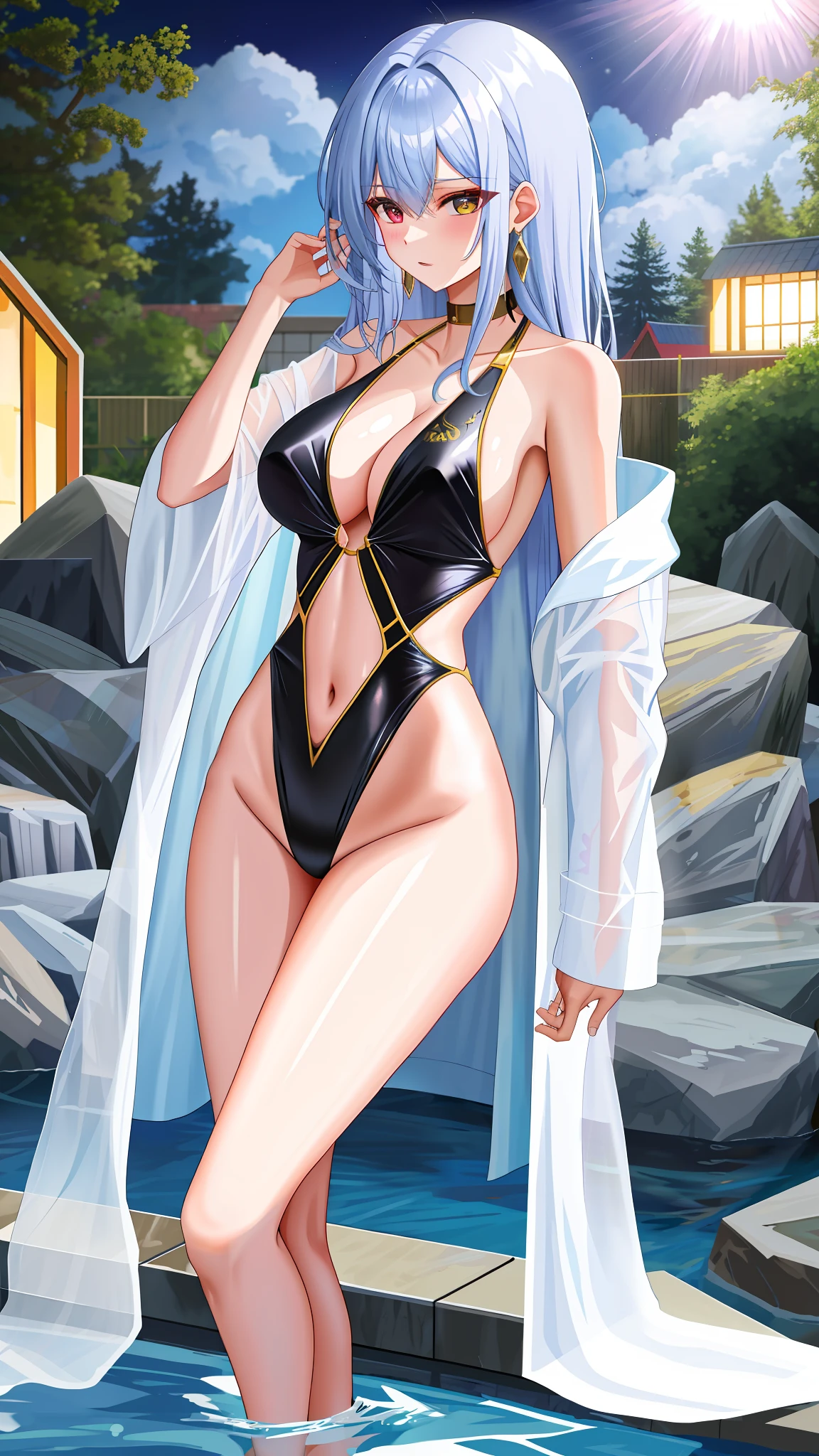 Black-gold pimp swimsuit, long hair, erect