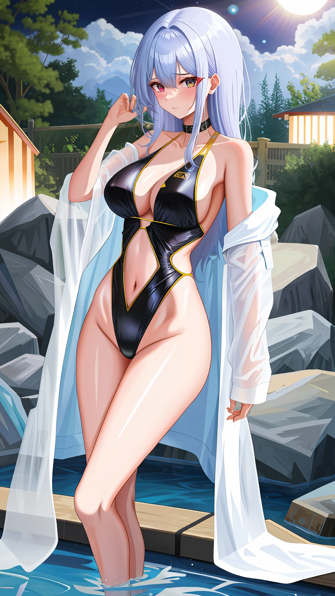 Black-gold pimp swimsuit, long hair, erect