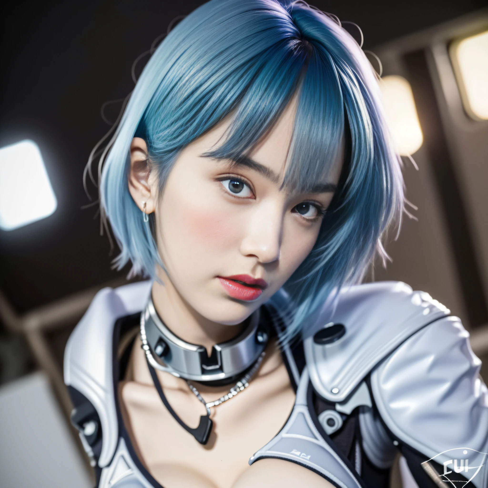 Best Quality, Super Hi-Res, 1girl, Masterpiece,,Plugsuit,bodysuit,Solo,((( Colossal breasts)))), white_bodysuit, pilot_suit, lance_of_longinus, Bangs , Mechanical clothes, Small logo pattern on the chest 0, (Short hair)))), (Short hair))), (Short hair))), Bangs, Rei Ayanami Best quality, Ultra High Resolution, (Photorealistic: 1.4), Blue Eyes, Watch Viewer, Blush, Red Lips, (ulzzang-6500-v1.1:1), Rei Ayanami, Enhanced Suit (Best Quality, 8k, 32k, Masterpiece, UHD: 1.2), Detailed Eyes, Black Eyes, Cold Eyes, Double Eyelids, Watch Viewer, (Big: 3) (Cleavage: 1.2), Japan Anime, Evangelion, Rei Ayanami, Japan idol, Japan, asian woman, hands raised, big, protruding, studio collar, plug suit, 15~20 years old, long eyes, short blue hair, narrow eyes, Buddha eyes, open mouth, serious gaze, warrior, bright blue hair, thin eyebrows, chest open, {{{masterpiece}}}, {{best quality}}}, {{ ultra-detailed}}, {illustration}, {{an extremely delicate and beautiful}},real face, realistic skin, luster, near future, gantz,