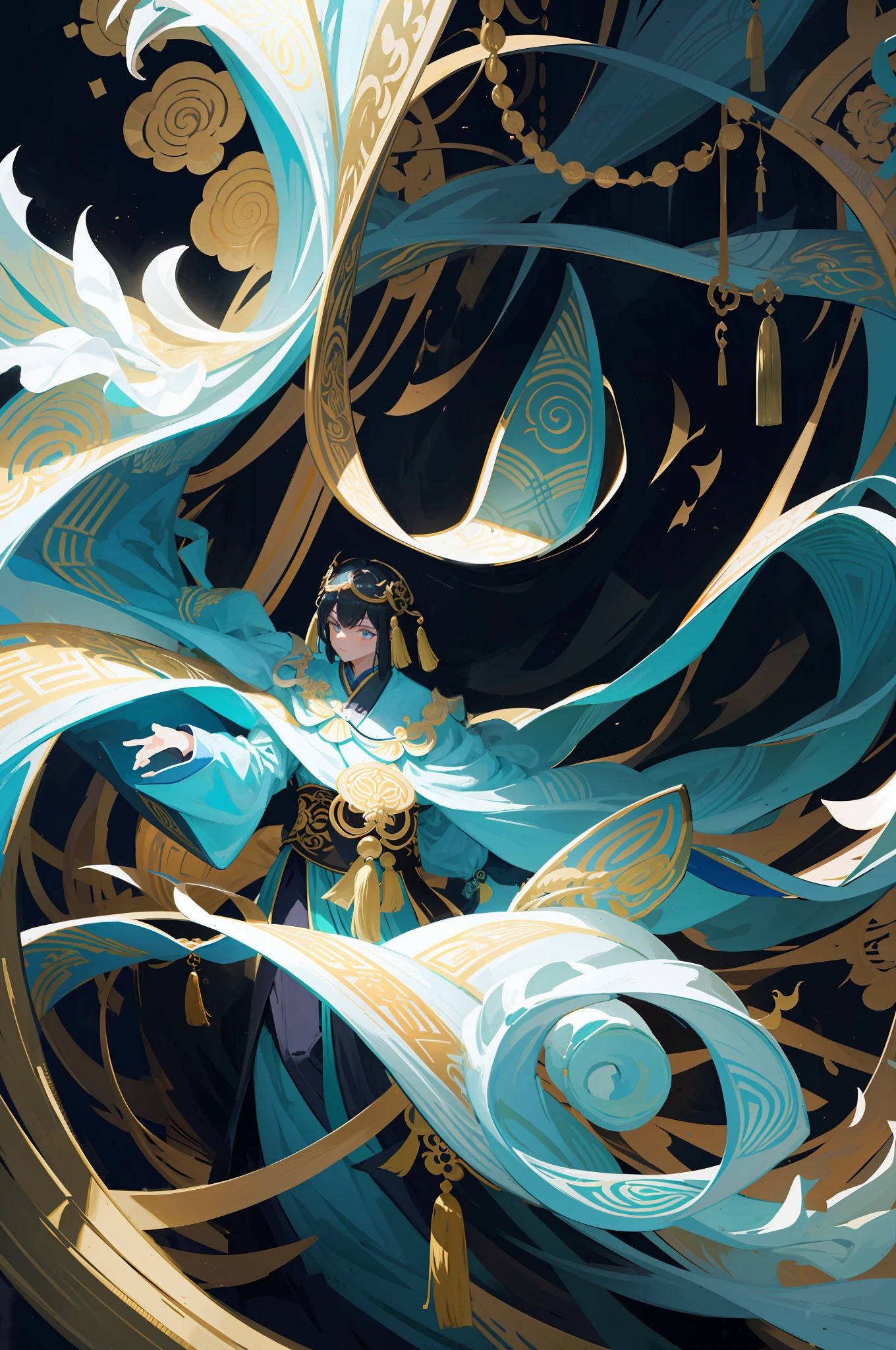 Emperor, Emperor of China, king's crown with tassels, long sleeves, portrait, solo, Chinese dragon pattern, youngster, Chinese style clothes, Magnificent palace, Hanfu, Hanfu in black and gold color, high contrast, The figure is in the shadows, Wide-Angle, high quality, anatomically correct