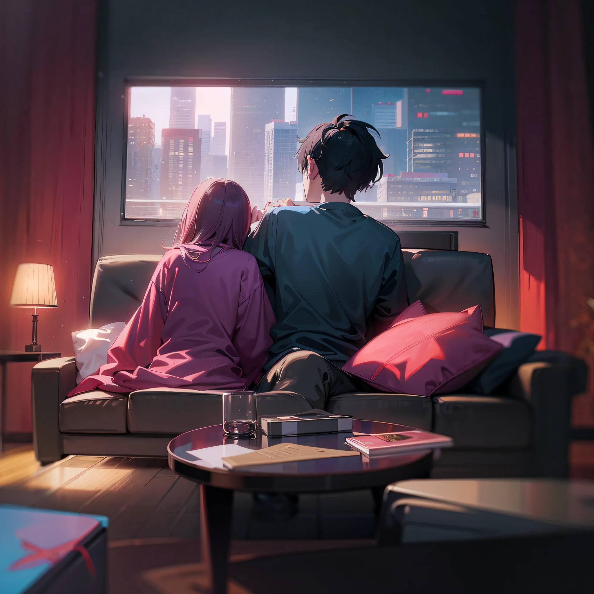 they are sitting on a couch looking out the window at the city, anime style 4 k, lofi artstyle, anime style. 8k, watching the sun set. anime, anime lover, anime picture, atey ghailan 8 k, relaxing concept art, anime vibes, anime movie background, anime scene, anime art wallpaper 8 k, lofi art