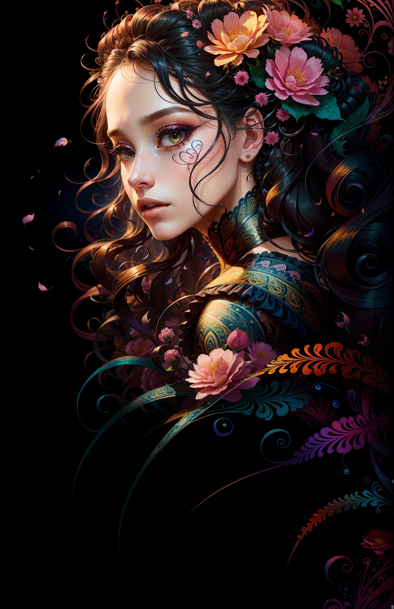 Official Art, Unity 8k Wallpaper, Ultra Detailed, Beautiful and Aesthetic, Masterpiece, Top Quality, (Photorealistic:1.4), (Zentangle, Mandala, Entanglement, Entanglement), (Flower ???????:1.2), (Fractal Art:1.3), (Very many small flowers on the girl's head), 1girl, Black eyes, Detailed black hair, Hair with light, Upper body, Wrapped in thorns, Blossoming in thorns, Extreme detail, Dynamic angles, Cowboy shot, The most beautiful form Chaos, Elegance,  Brutal design, vivid colors, surreal romanticism, several petals in the hair, whirlwind, (looking back at the viewer), strong tonal makeup, extremely realistic face, detailed face, detailed nose, very detailed lips, intricate clothes, intricate background, wavy hair, fluttering hem, fashion magazine style, no extra arms, no more than 2arms,