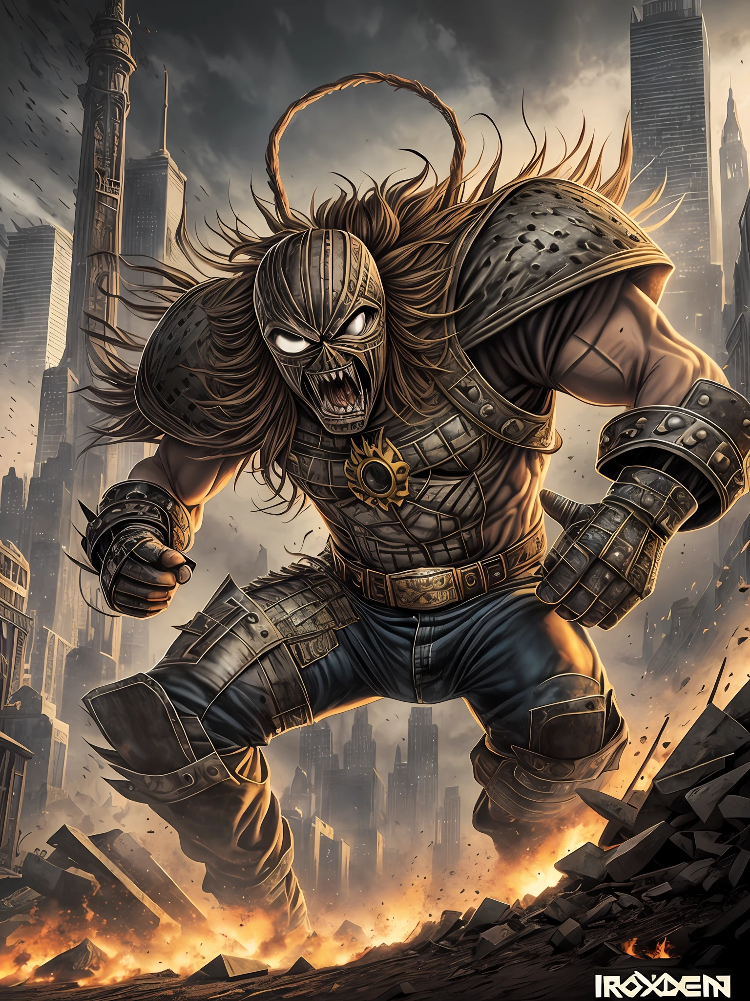 An iconic cover art by Iron Maiden, featuring their iconic mascot Eddie in a fierce and menacing pose. The artwork is rendered in a highly detailed and vibrant style, showcasing Eddie in a fantastical and epic setting. The mood of the artwork is powerful and energetic, capturing the spirit of Iron Maiden's music. The lighting style of the graphic utilizes dynamic and dramatic lighting, casting bold shadows and emphasizing the intensity of the scene. Graphic design, ultra-realistic, grunge frame, white background. --auto --s2
