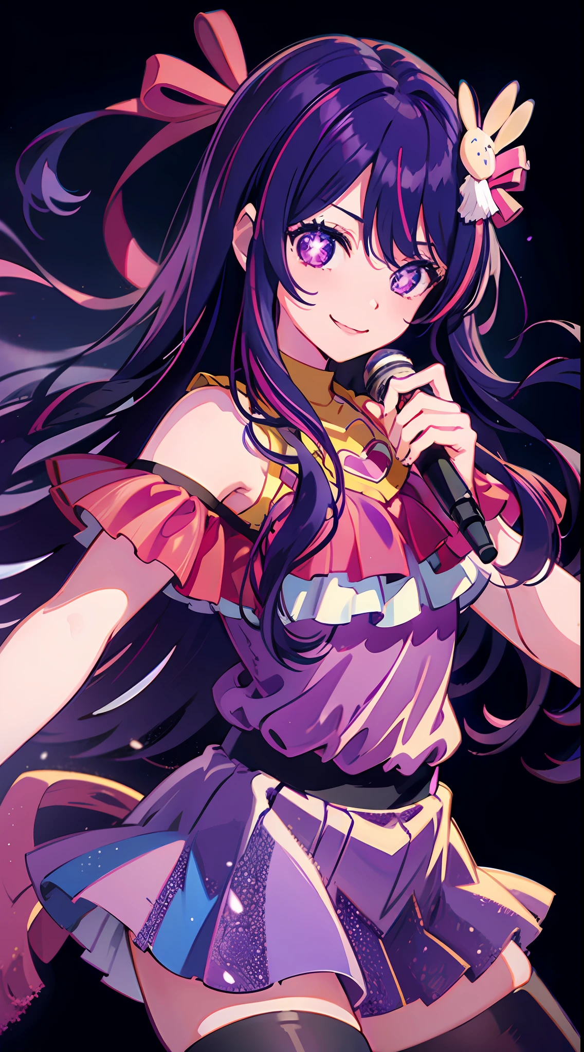 1girl, masterpiece, best quality, cowboy shot, Hoshino Ai, long hair, purple hair, streaked hair ,purple eyes, star-shaped pupils, hair ornament, idol outfit, smiling, holding a mic