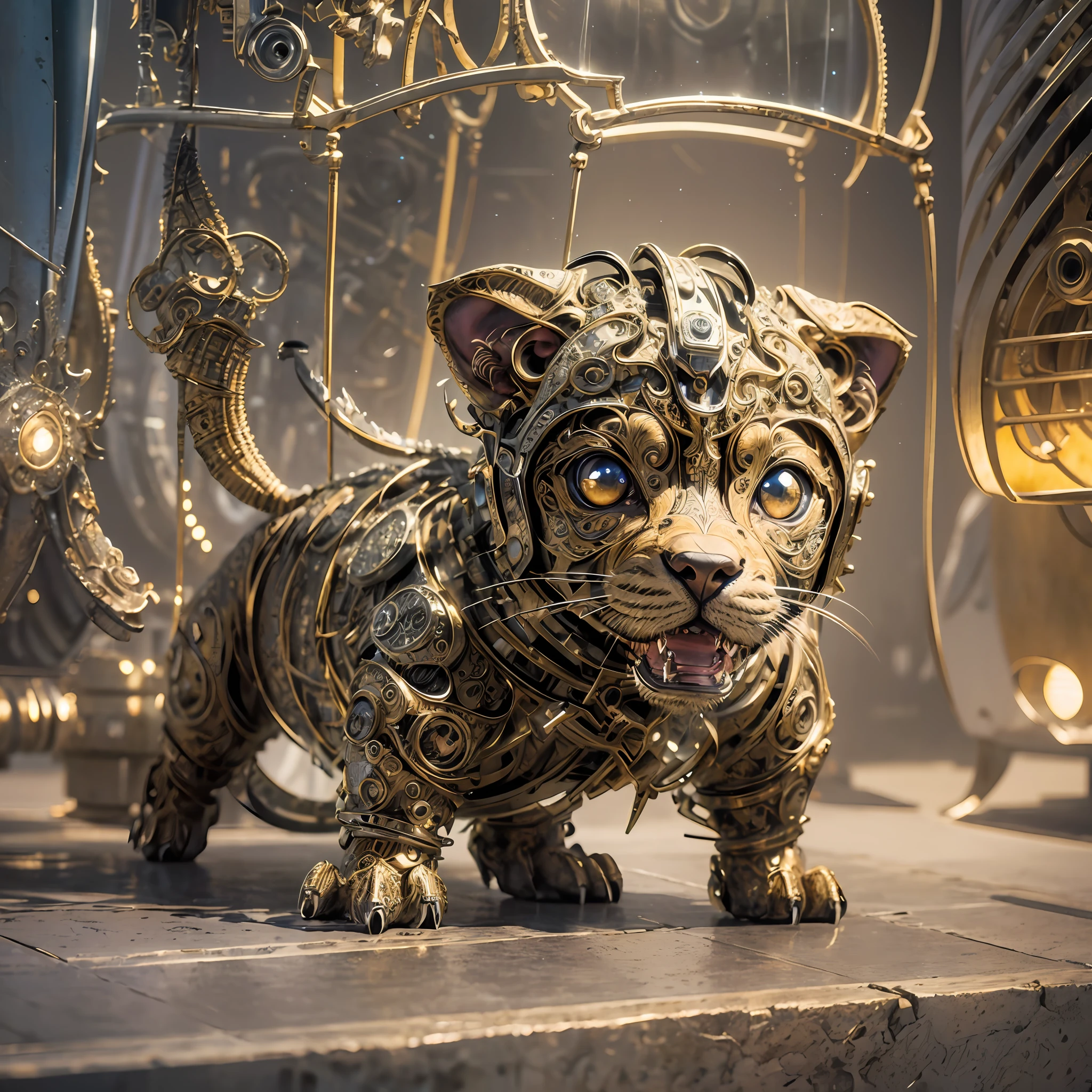 a cute puppy made out of metal, (cyborg:1.1), ([tail | detailed wire]:1.3), (intricate details), hdr, (intricate details, hyperdetailed:1.2), cinematic detail, vignette, centered   ultra high definition, more silver --auto --s2