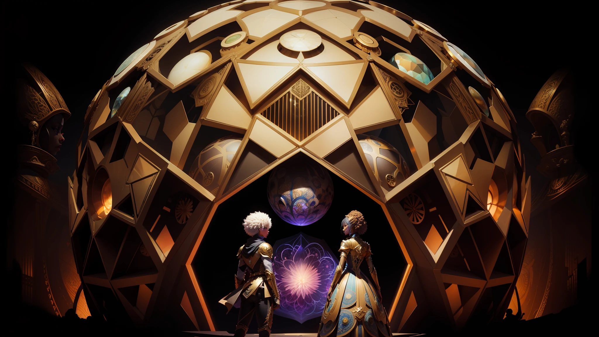 araffes in a large egg display with a fireworks display, hyper-detailed visionary art, inspired by Android Jones, afropunk, award-winning rendering, inspired by Leo and Diane Dillon, cgsociety's finest, set in the observatory at night, “ golden chalice, geode, 7 0s, 8k file print, 3 d cg --auto --s2