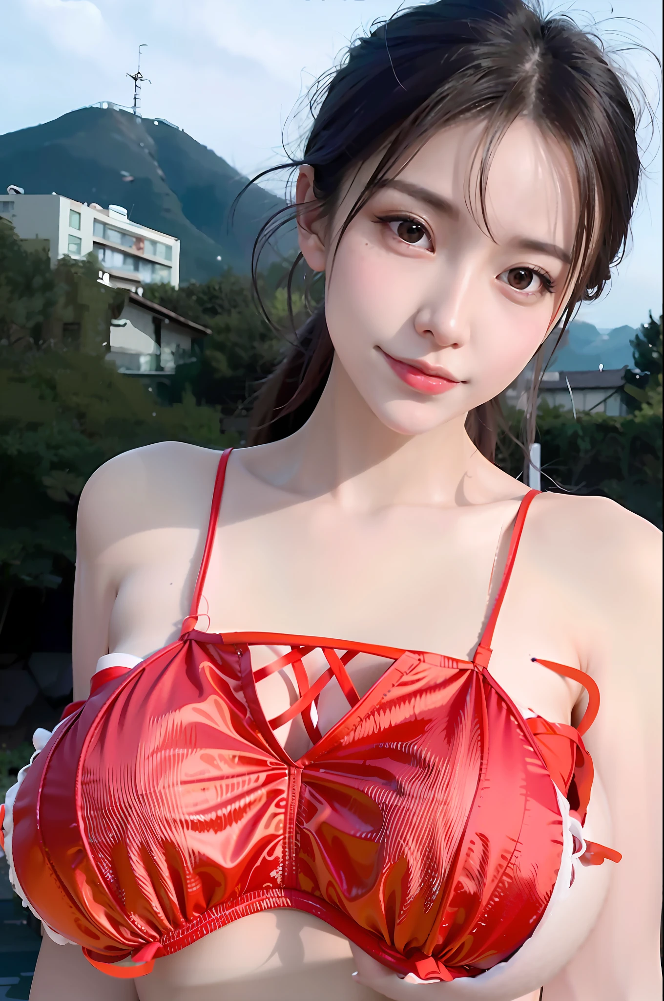 there is a woman with a red bra top posing for a picture, gorgeous chinese model, dilraba dilmurat, 奈良美智, 1 8 yo, 8k selfie photograph, sie boob, wenfei ye, trending at cgstation, 中 元 节, chengyou liu, chinese girl