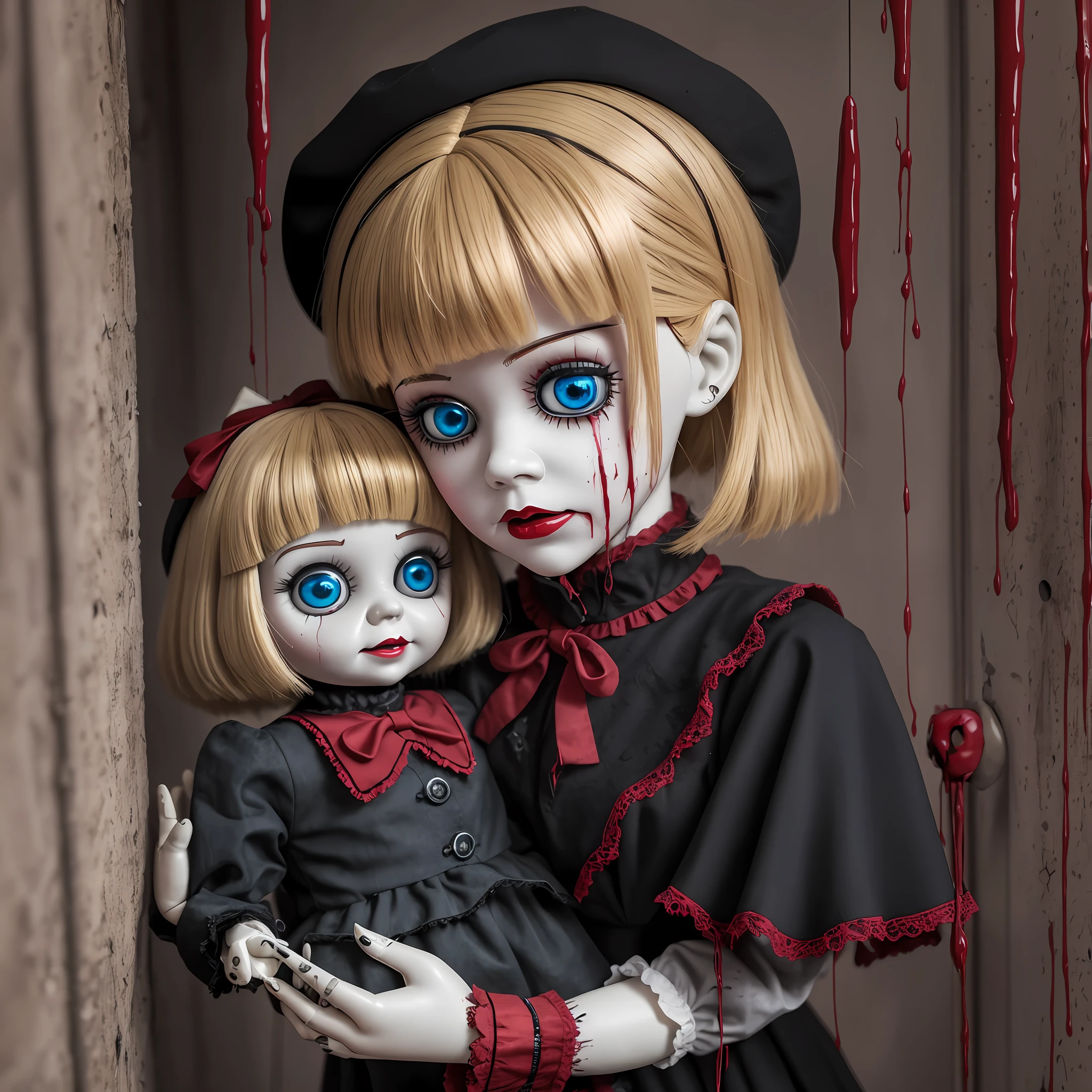 (best quality), (top quality), (dark), (whole body), (melancholy), (sadness), (agony), (terror), (horror), (vibrant colors, bright) ventriloquist's doll being controlled, dirty with blood.