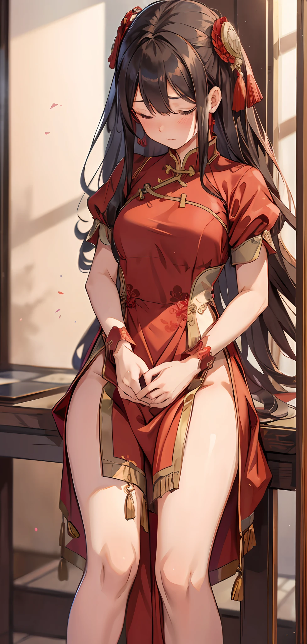 Peeing herself, red Chinese dress, Chinese hair styles, long hair, wetting herself, self arousal, separated legs, tighs together, covering with dress, bashful face, feeling humiliation