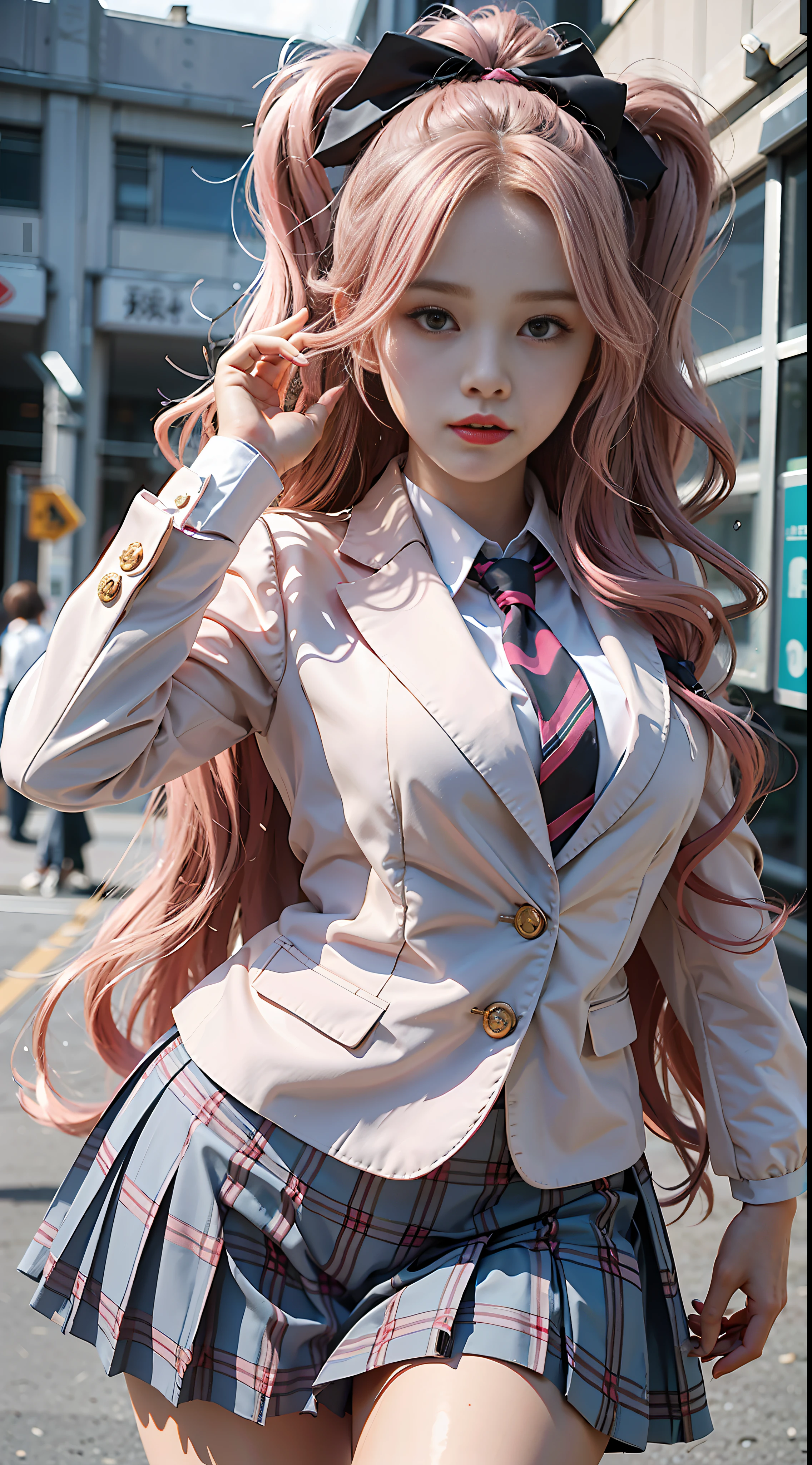 voluptuous body, beautiful face, photogenic , 3D, Blazer uniform, long pink hair in curls, hands raised, 校庭, 唇, High school student, schoolyard, school uniform, real,