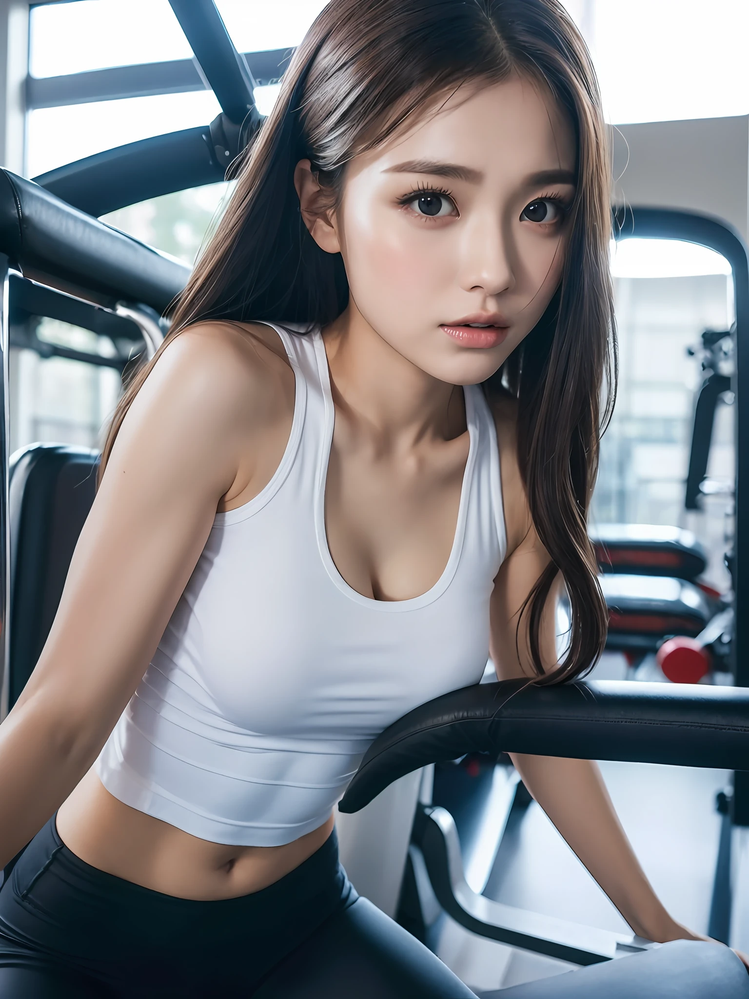 (A GIRL:1.6),(lora:russianDoll:0.4),(lora:TaiwanDoll:0.4),(Best quality, 8k, Masterpiece:1.3), Focus 1.2, Perfect Body Beauty:1.4, Highly detailed face and skin texture, Fine eyes, Double eyelids, Whitening skin, Long hair, (round face: 1.5)), gym, fitness equipment, treadmill, arm strength machine, (close-up of leggings: 1.4), short sleeves, thigh muscles, supine