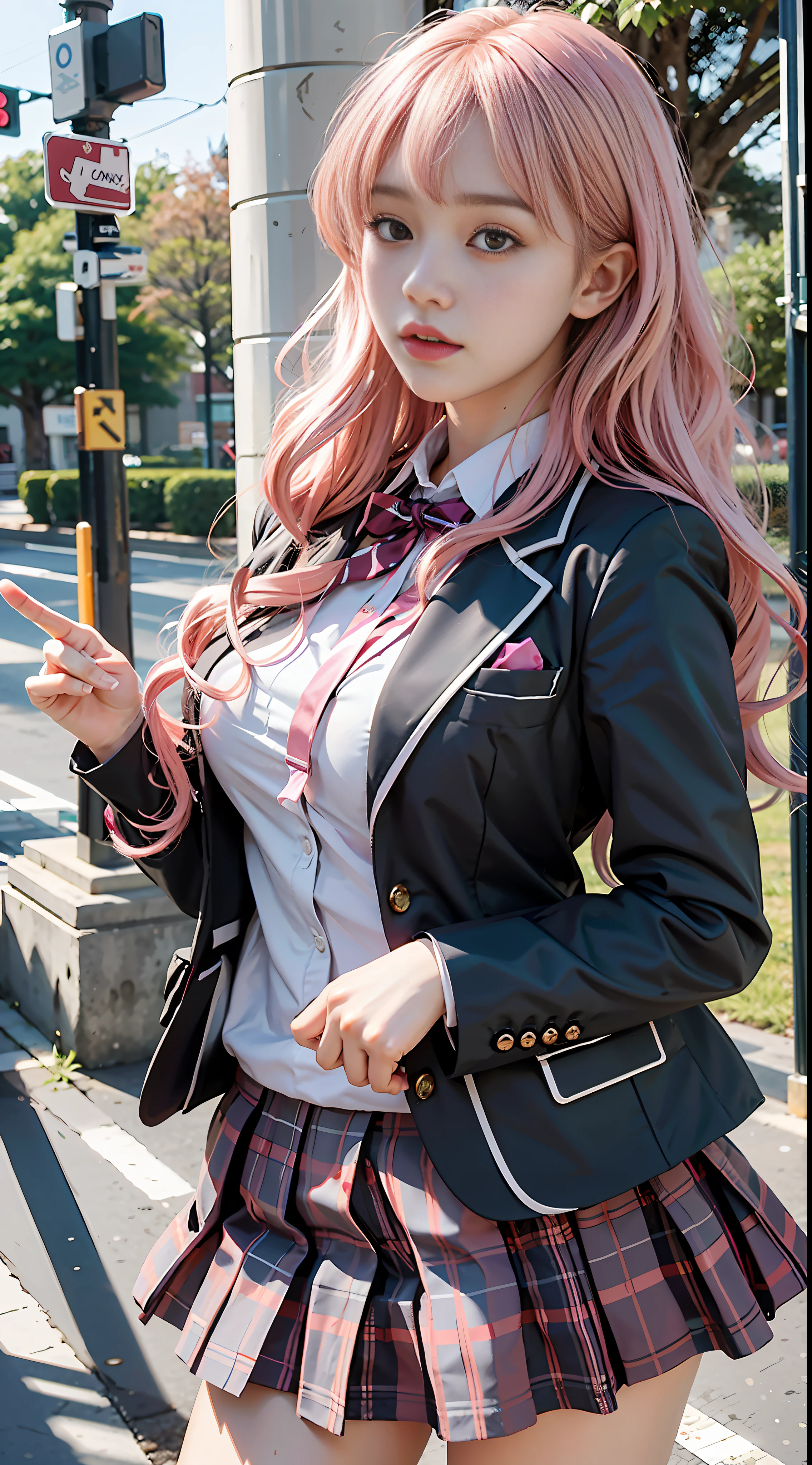 voluptuous body, beautiful face, photogenic , 3D, Blazer uniform, long pink hair in curls, hands raised, 校庭, 唇, High school student, schoolyard, school uniform, real,