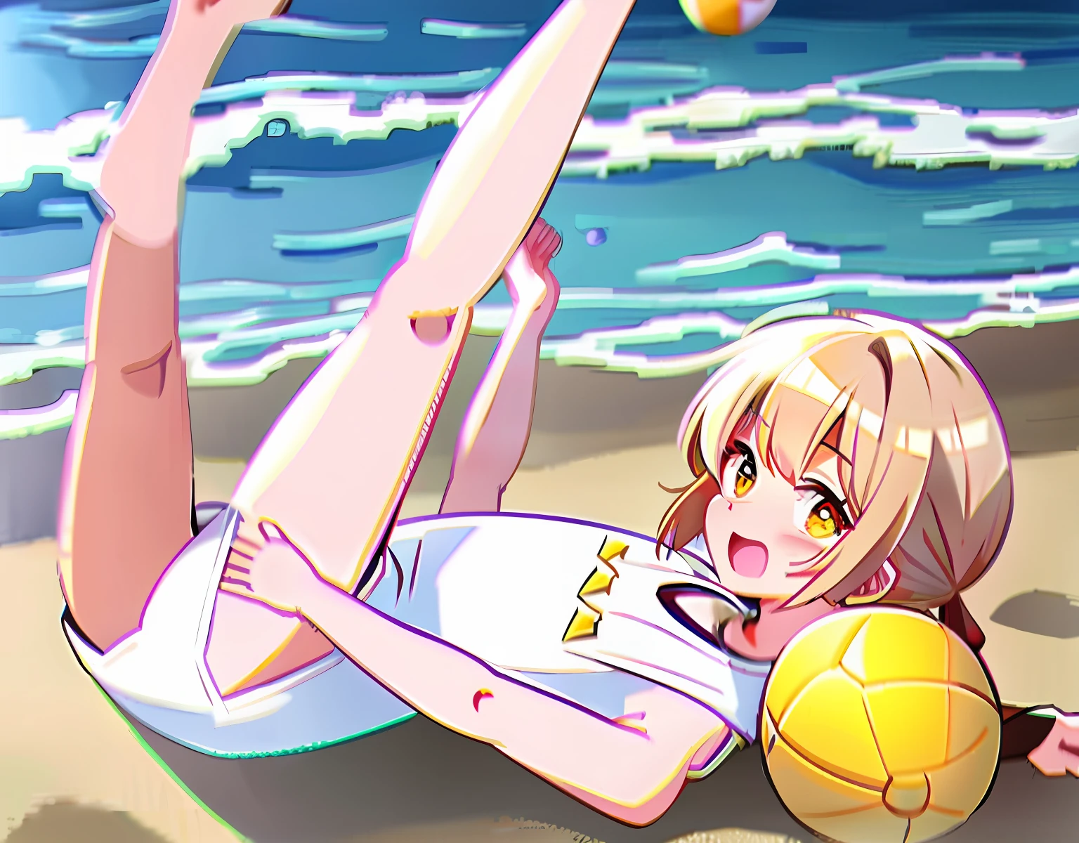 White dog and brown cat playing with yellow ball on the beach