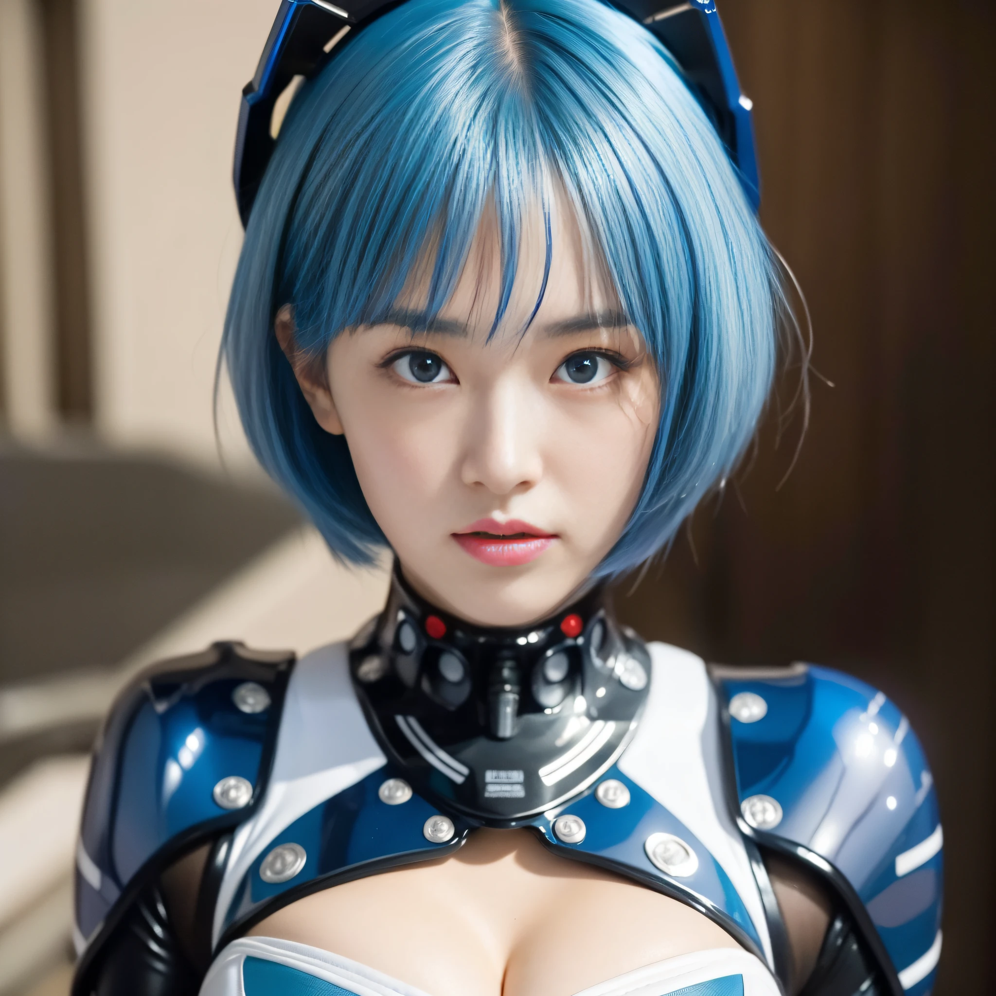Best Quality, Super Hi-Res, 1girl, Masterpiece,,Plugsuit,bodysuit,Solo,((( Colossal breasts)))), white_bodysuit, pilot_suit, lance_of_longinus, Bangs , Mechanical clothes, Small logo pattern on the chest 0, (Short hair)))), (Short hair))), (Short hair))), Bangs, Rei Ayanami Best quality, Ultra High Resolution, (Photorealistic: 1.4), Blue Eyes, Watch Viewer, Blush, Red Lips, (ulzzang-6500-v1.1:1), Rei Ayanami, Enhanced Suit (Best Quality, 8k, 32k, Masterpiece, UHD: 1.2), Detailed Eyes, Black Eyes, Cold Eyes, Double Eyelids, Watch Viewer, (Big: 3) (Cleavage: 1.2), Japan Anime, Evangelion, Rei Ayanami, Japan idol, Japan, asian woman, hands raised, big, protruding, studio collar, plug suit, 15~20 years old, long eyes, short blue hair, narrow eyes, Buddha eyes, open mouth, serious gaze, warrior, bright blue hair, thin eyebrows, chest open, {{{masterpiece}}}, {{best quality}}}, {{ ultra-detailed}}, {illustration}, {{an extremely delicate and beautiful}},real face, realistic skin, luster, near future, gantz,