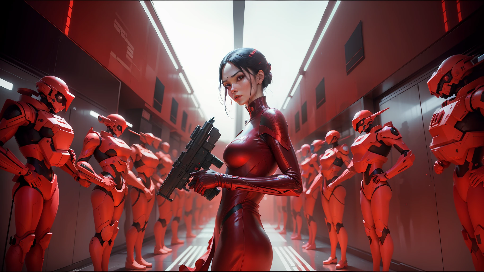 there is a woman in a red dress holding a gun, ash thorp, grim vibrance orientalism, hyperrealistic symmetrical 8k, # sci - fi, female actress from korea, panoramic anamorphic, love death and robots, symmetrical!! sci-fi, gloss, inspired by George Tooker --ar 16:9 --auto --s2