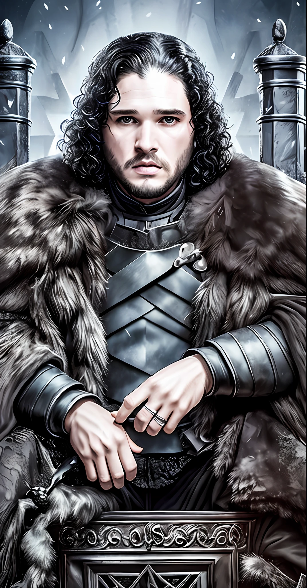 Jon Snow sitting on the Iron throne, photorealism, realistic, masterpiece