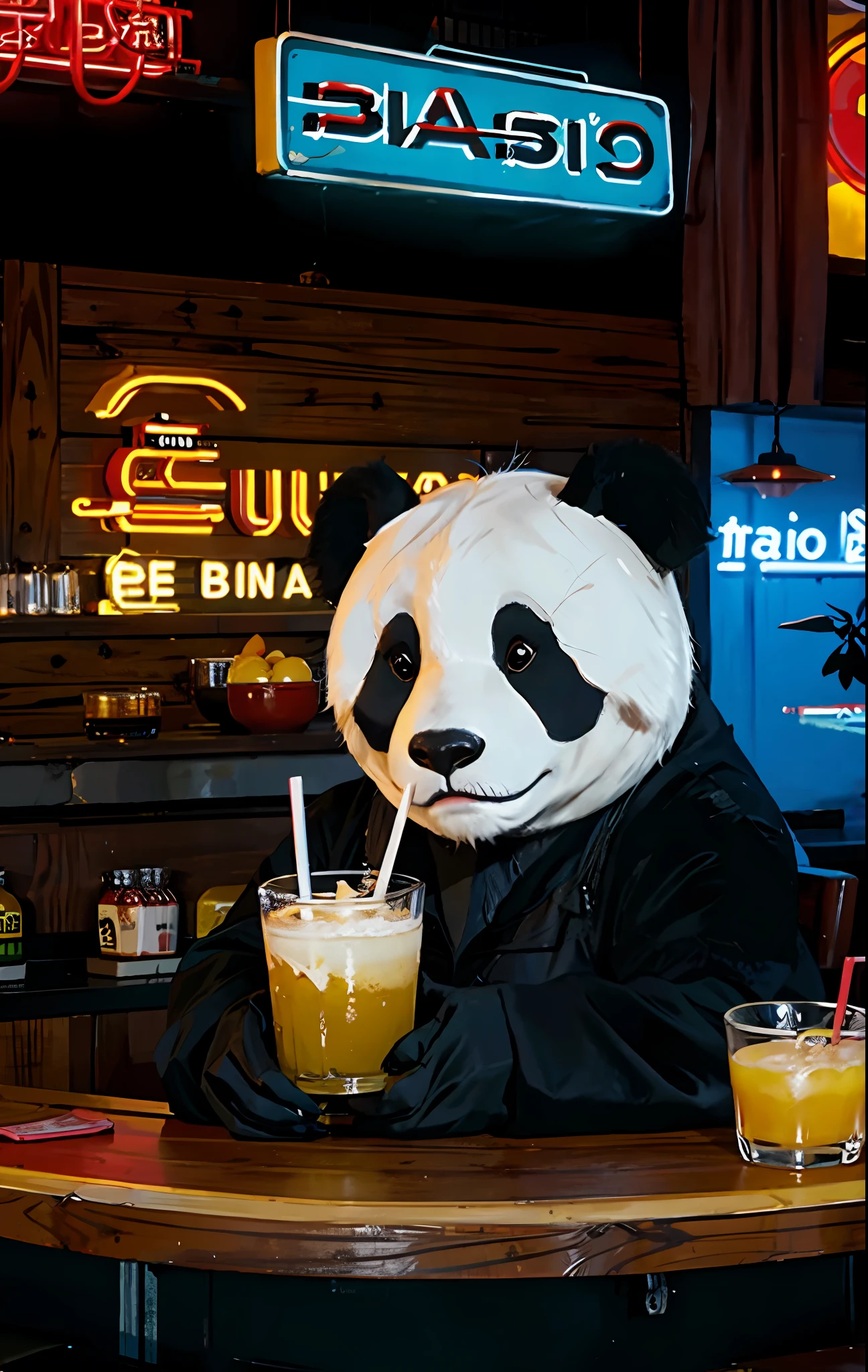 Panda drinking at bar, panda, bar, neon sign,