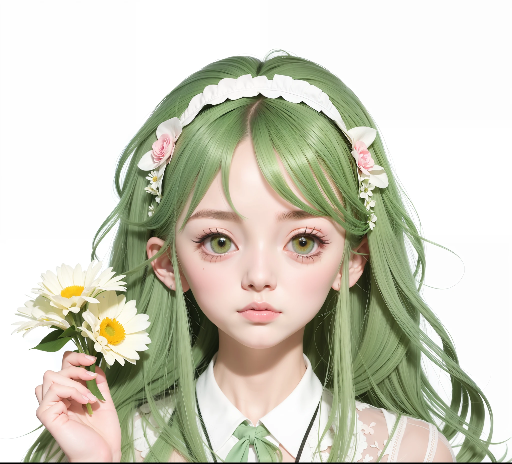 anime girl with long green hair holding a flower in her hand, anime visual of a cute girl, cute natural anime face, anime girl with long hair, high quality anime artstyle, young anime girl, cute anime girl portrait, in an anime style, kawaii realistic portrait, beautiful anime portrait, cute anime girl, cute anime girl portraits, guweiz, anime style portrait