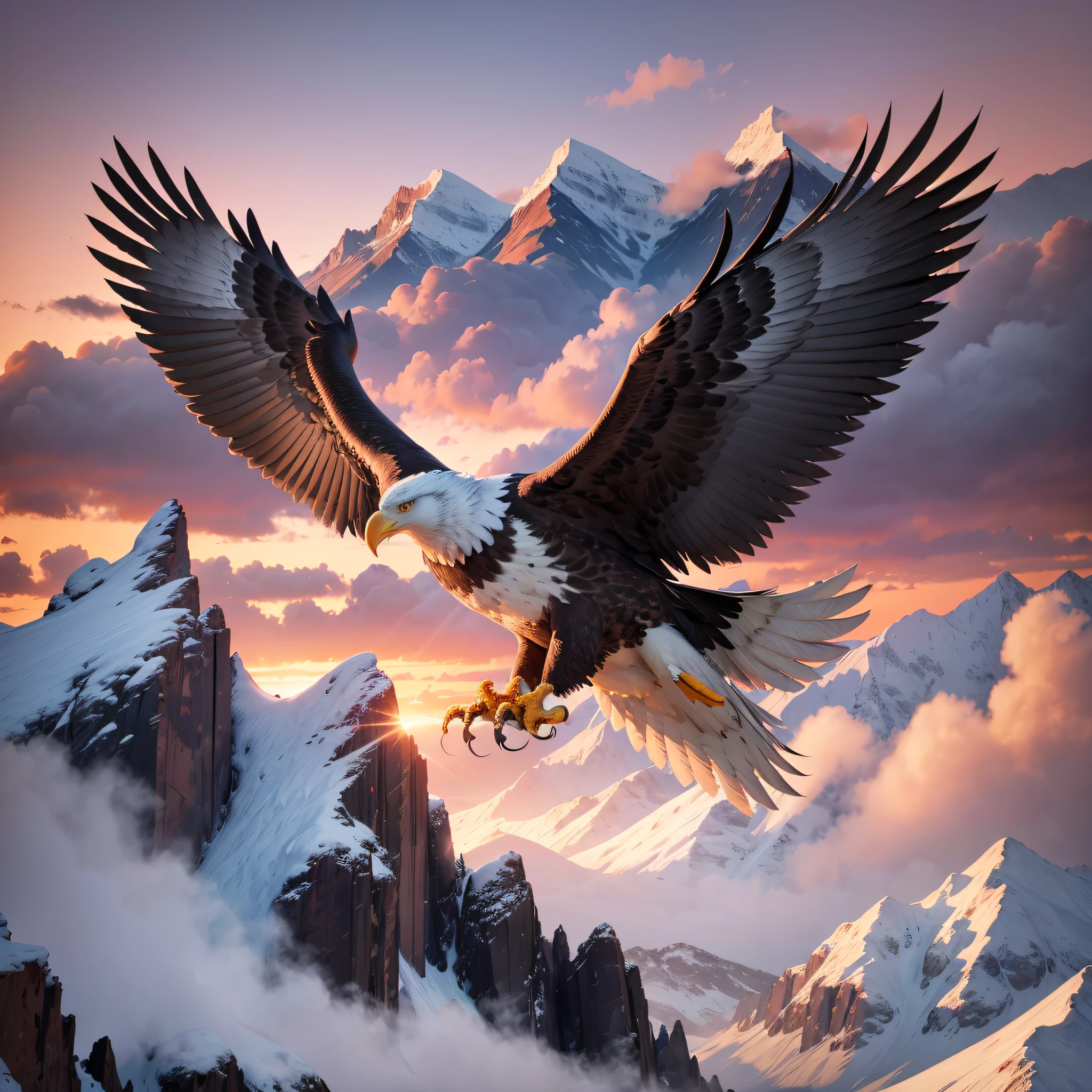 Make a very realistic eagle flying over a beautiful mountain with an 8k sunset, uhd, severe low lighting, high quality, sharp focus, fujifilm XT3 um tamanho 1080x1920 --auto --s2
