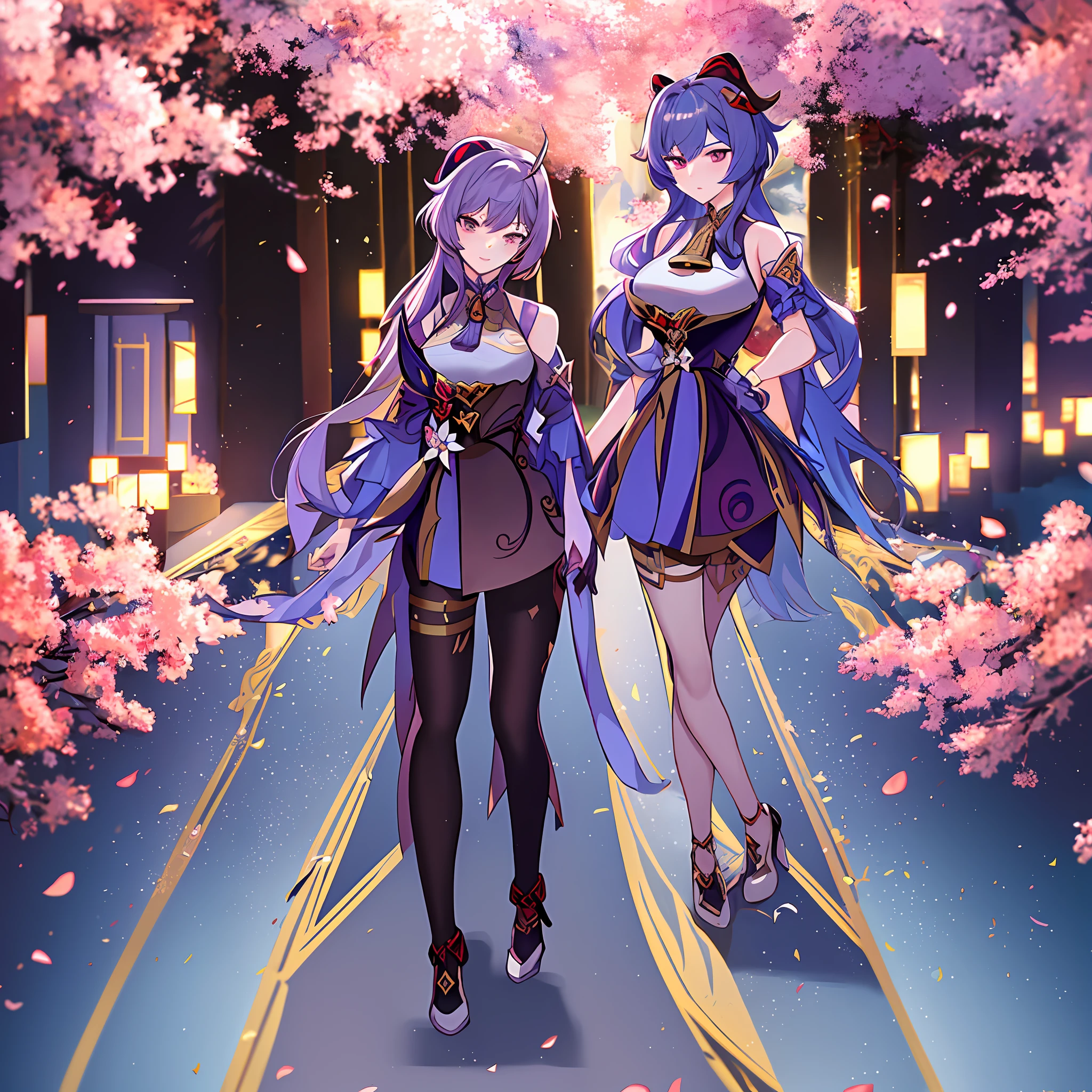 2d, masterpiece, best quality, anime, highly detailed eyes, highly detailed face, highly detailed background, perfect lighting, full body, 2girls, keqing \(genshin impact\), ganyu \(genshin impact\), kiss, yuri, multiple girls, duo, keqing,gganyu, purple hair, blue hair
