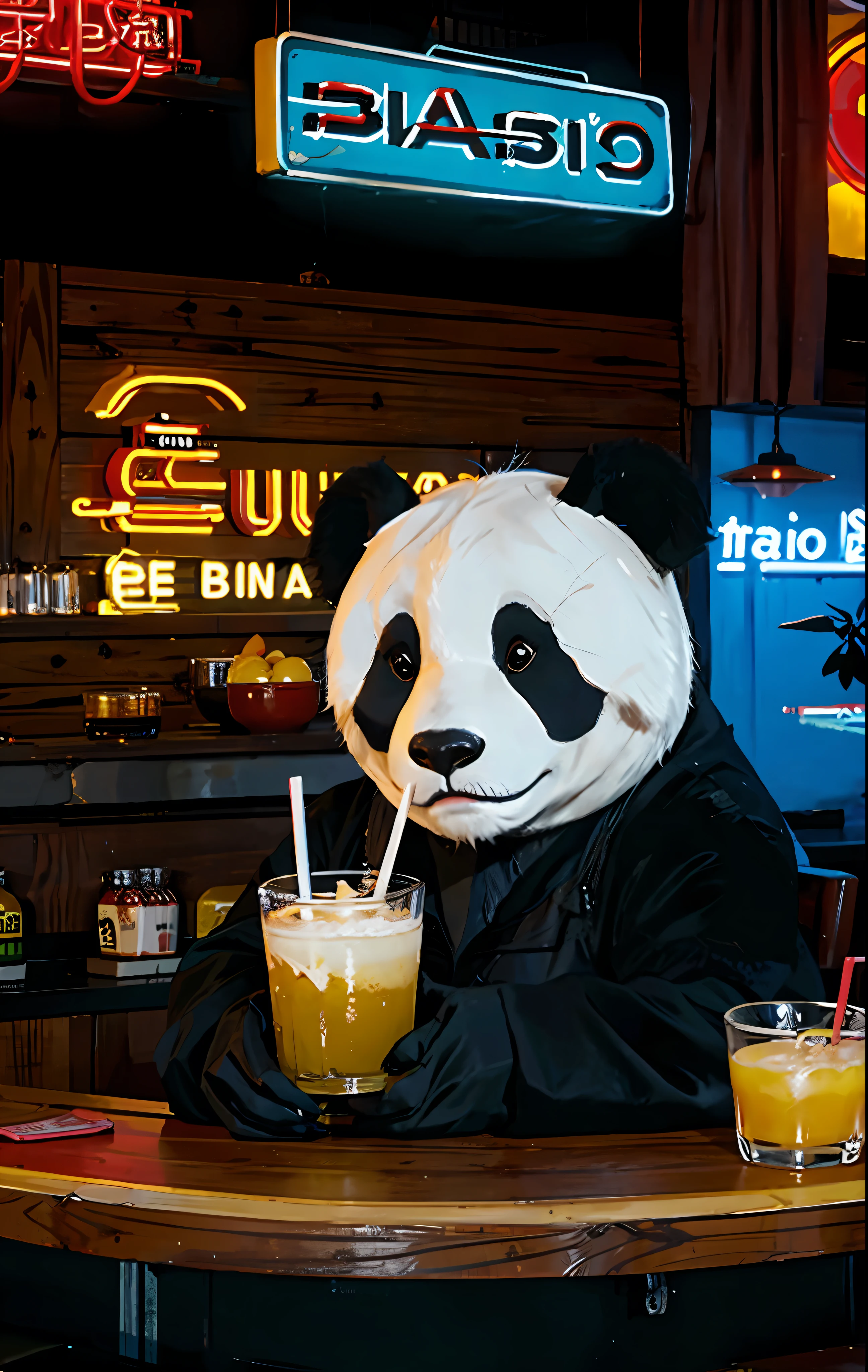 Panda drinking at bar, panda, bar, neon sign,