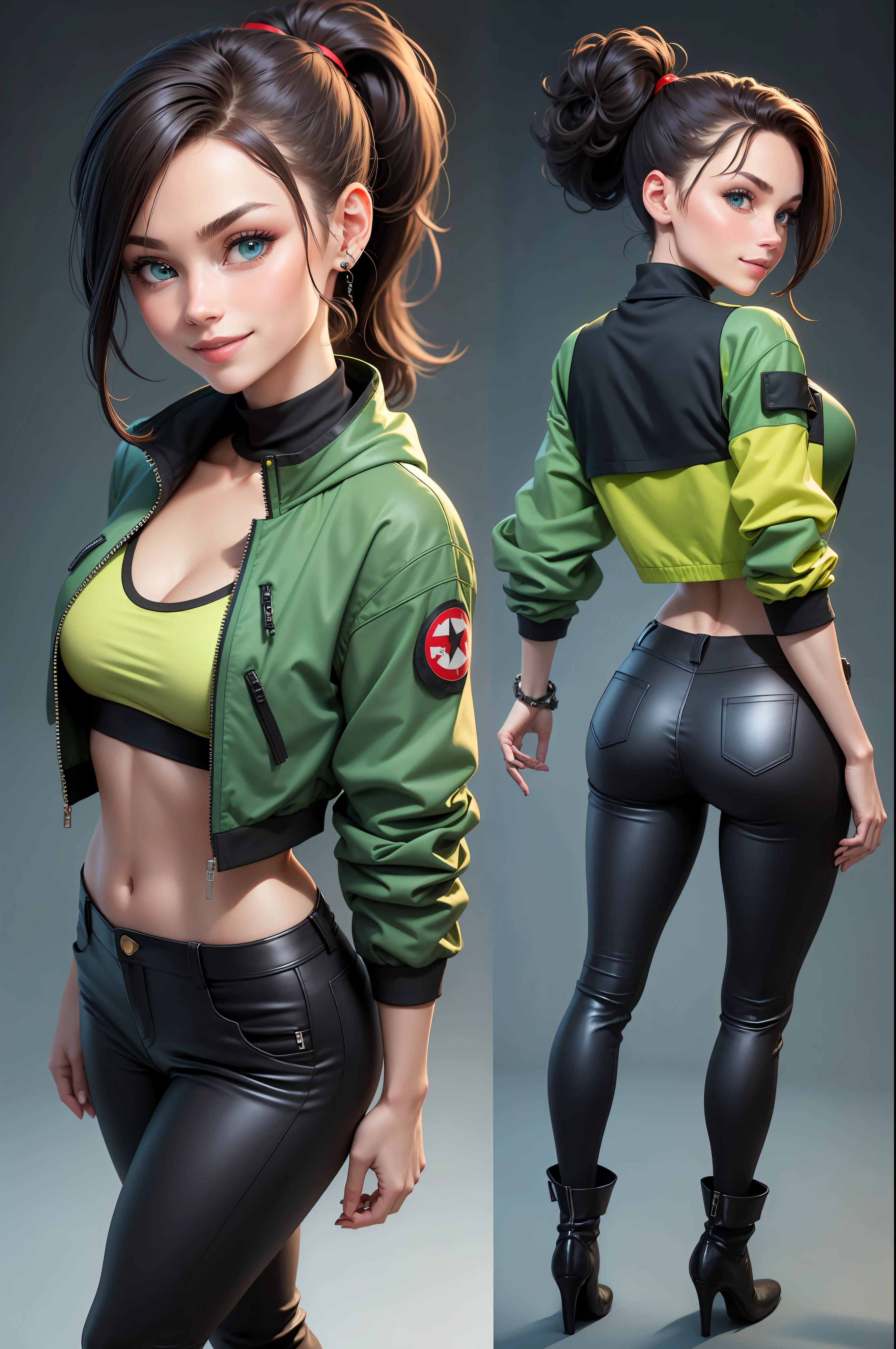 back looking forward, sexy, mason, back, smiling, hair ponytail and blue eyes, brunette, black croptop, top, green jacket, black pencil pants, red boots, high heeled boot