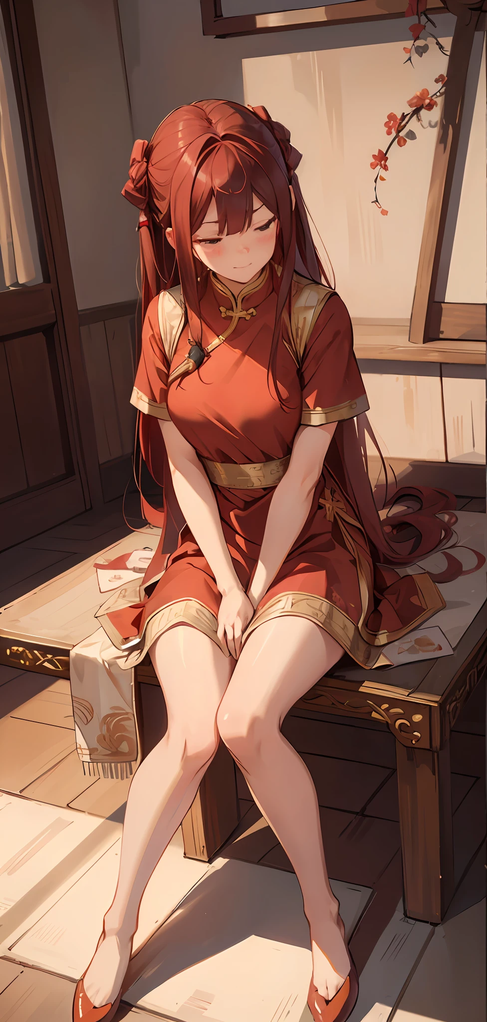 Peeing herself, red dress, Chinese hair styles, long hair, wetting herself, self arousal, separated legs, tighs together, covering with dress, bashful face, feeling humiliation, aroused, sitting on floor, peeing on floor, peeing, satisfied face, relieved face
