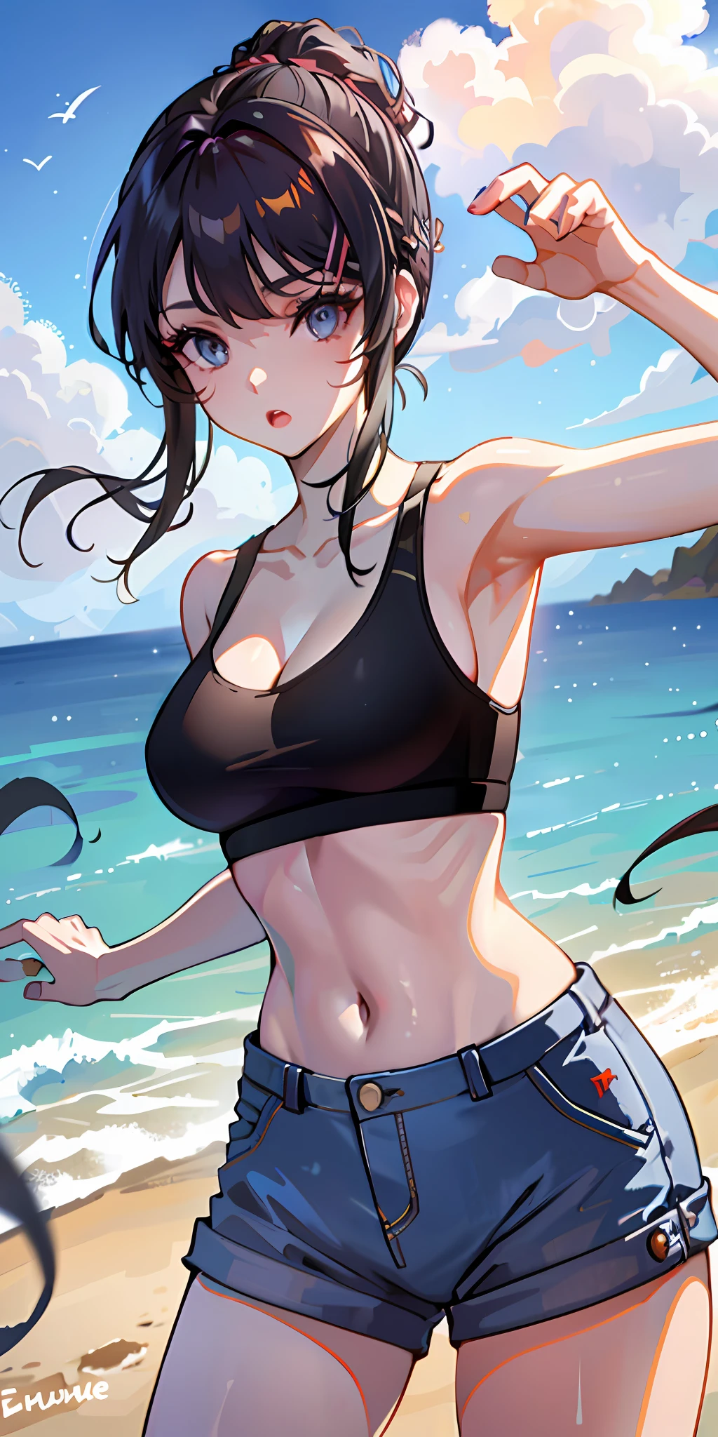 1girl, (embodiment of beauty and grace, sensual and alluring poses), sports bra, hotpants, flawless skin,toned physique,enticing gaze and expression