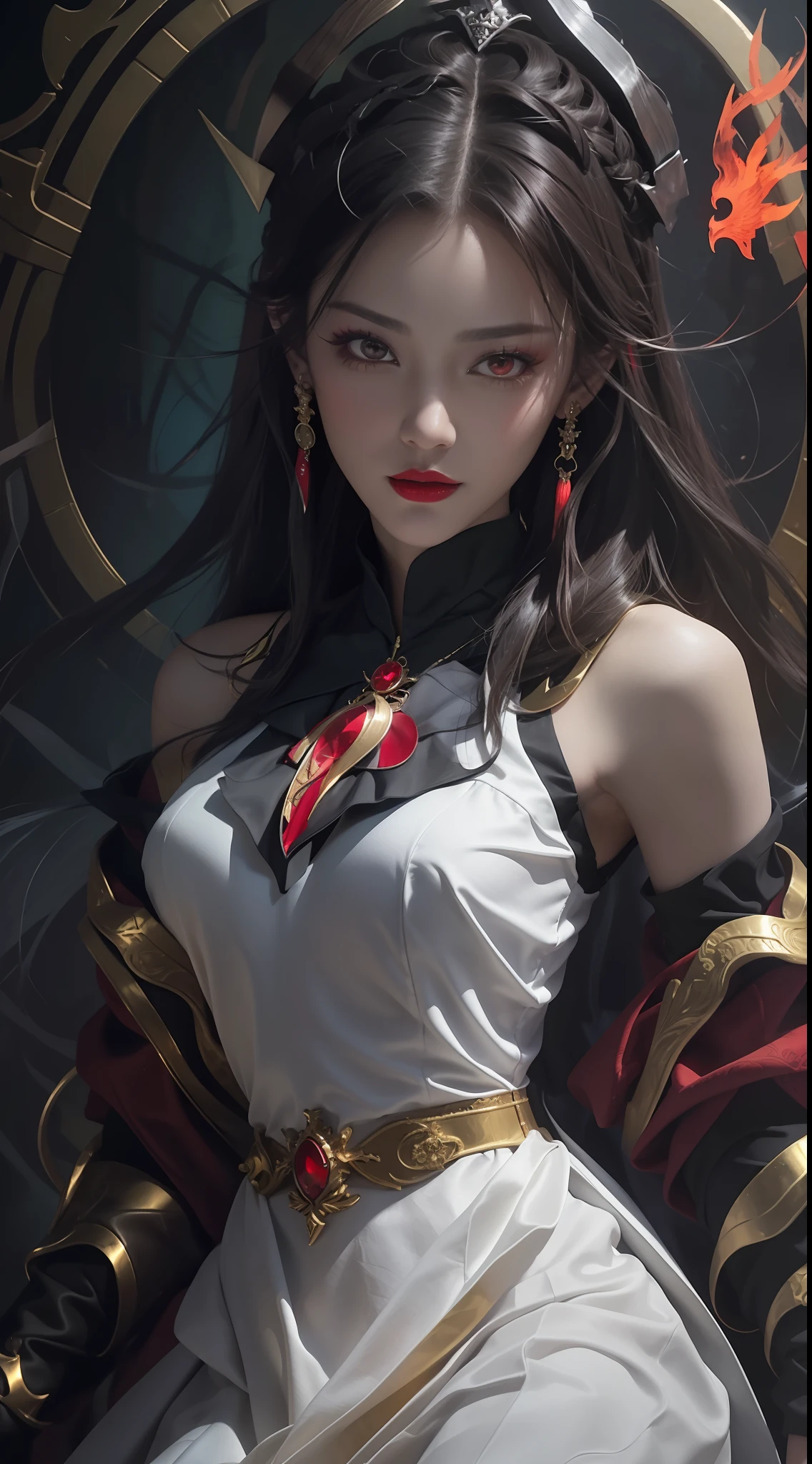 1 beautiful and seductive female devil, In the Dark: 1.6), surreal female portrait by David Hockney and Alphonse Mucha, fantasy art, korea doll, photorealism, dynamic lighting, artstation, poster, volumetric lighting, very detailed faces, 8k ultra, all body, Awarded, in the dark, deep shadow, low key, cowboy lens, (Red phoenix dress: 1.4), long hair, black hair, bust, luxurious palace, Royal style, devil crown, red eyes make up very sharp and detailed, The most beautiful face, big and regular breasts, Super realistic, chinese women's clothing, polo neck sweater, Charming smile, The eyes are very well made up, guweiz, devil style, loong, forehead mark, upper body, 2 bangs braided hair, Red lips, Devil tattoo on shoulder,
