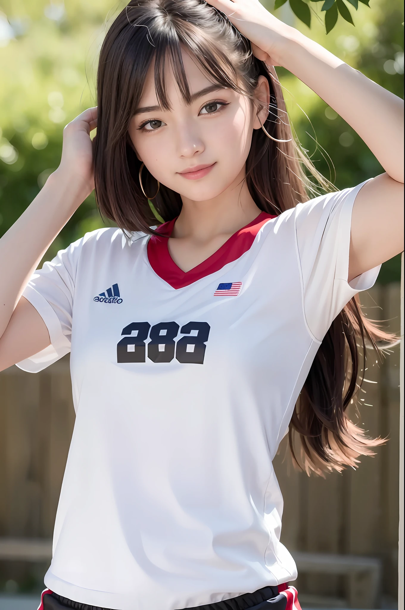 (8K, Top Quality, Masterpiece: 1.2), (Realistic, Photorealistic: 1.37), Super Detail, 1 Girl, 20 years old, Big, Beauty, Cute, Smile, Solo, (Redness of the Nose), (Smile: 1.15), (Mouth Closed), Volleyball, Spiked Jersey, Volleyball, Volleyball, Beautiful Eyes, Gymnasium, Balle Ball Court, (Long Hair: 1.2), Floating hair Novafrog style, upper body