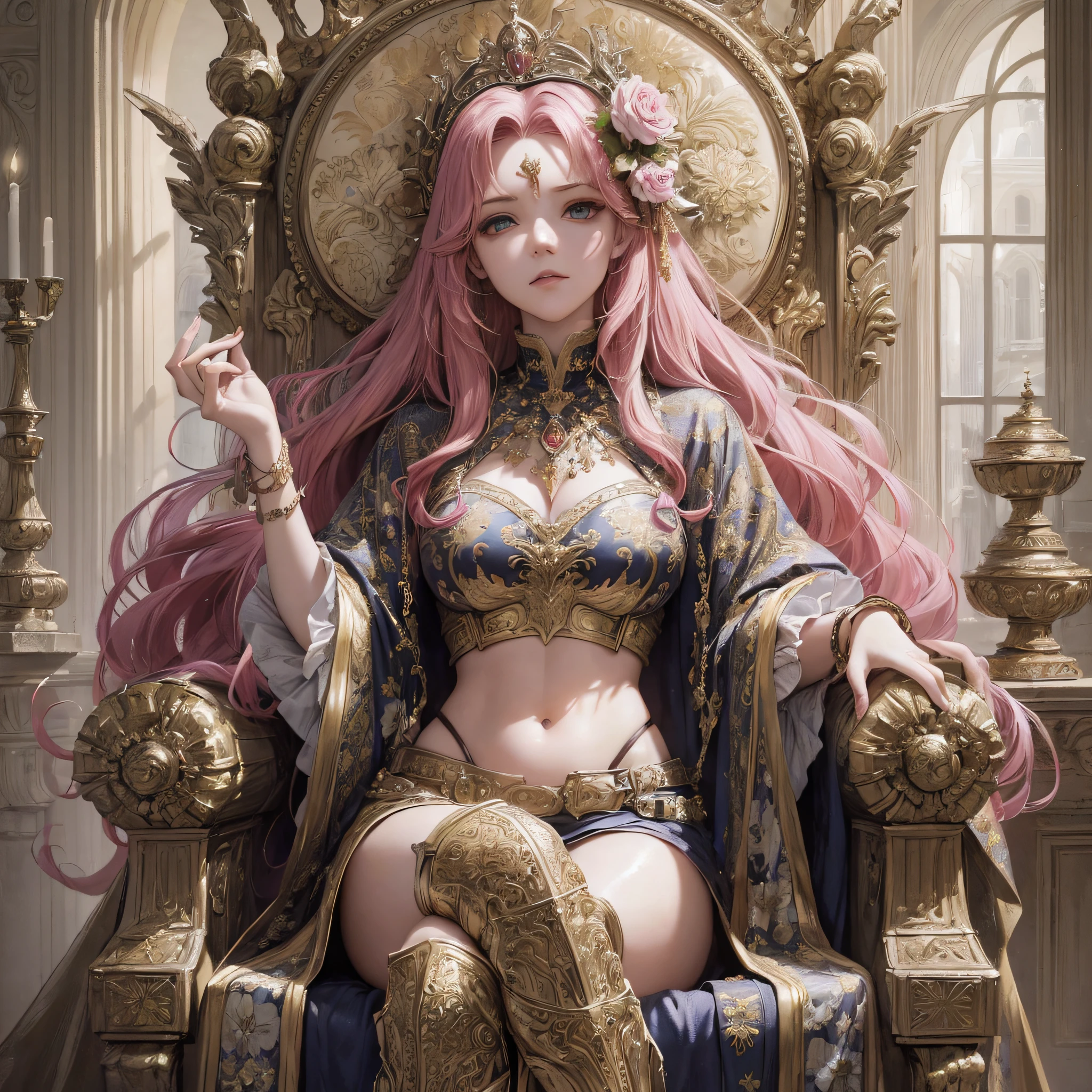 ((Masterpiece, best quality)), ((Cinematic Light)), Fantastic, Wisdom Gaze, Devil, Mix, Horror, Dark Fantasy, Detailed Armor, (Insanely Detailed, Flower), Detailed Long Boots, Beautiful Detailed Eyes, Pink Hair, Long Hair, ((Floating Hair)), Navel, Long Cloak, Isekai, Luxurious Gold Decoration, Throne Room, Sit on Throne, Large and luxurious throne, fractal art --auto --s2