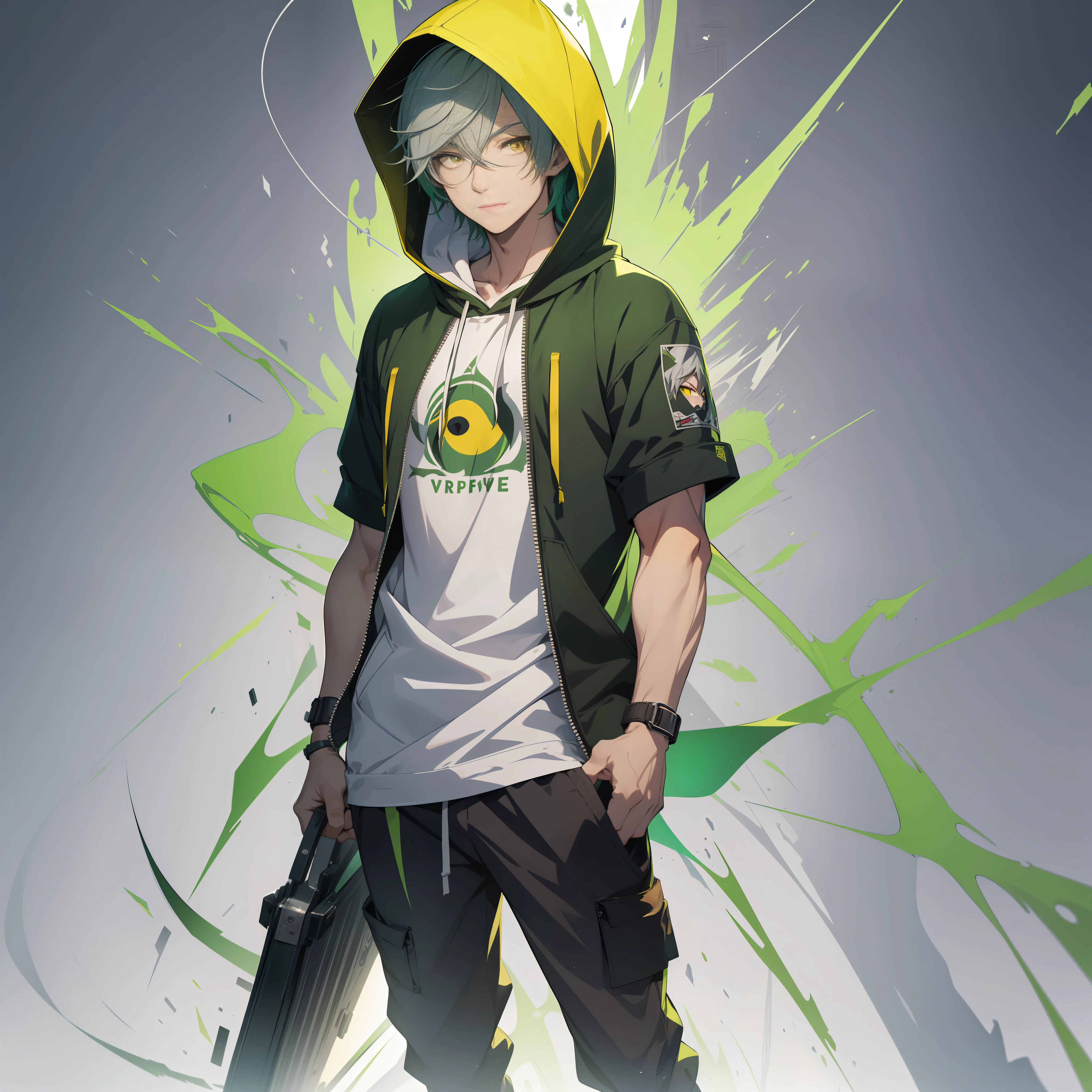 A handsome guy named, standing, ((full body)), green hair layered laterally, (Hooded head), (yellow eyes), oval face, Grey hoodie, angular, tall nose, big eyes, confidence, sunshine, pure gray round neck short sleeves, white background, best quality, super detailed.