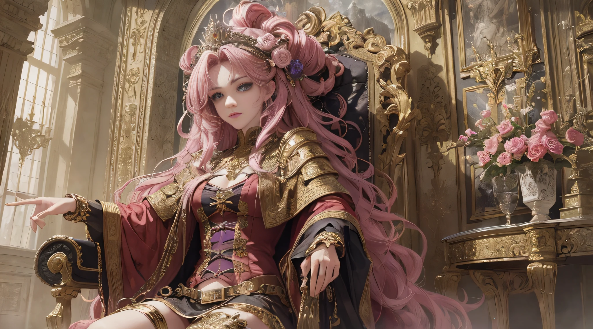 ((Masterpiece, best quality)), ((Cinematic Light)), Fantastic, Wisdom Gaze, Devil, Mix, Horror, Dark Fantasy, Detailed Armor, (Insanely Detailed, Flower), Detailed Long Boots, Beautiful Detailed Eyes, Pink Hair, Long Hair, ((Floating Hair)), Navel, Long Cloak, Isekai, Luxurious Gold Decoration, Throne Room, Sit on Throne, Large and luxurious throne, fractal art --auto --s2