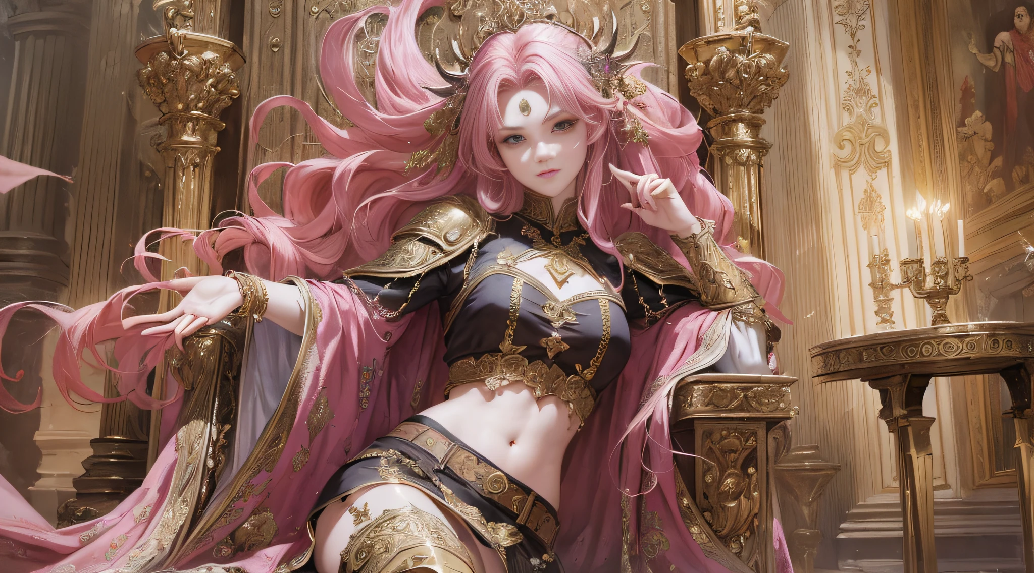 ((Masterpiece, best quality)), ((Cinematic Light)), Fantastic, Wisdom Gaze, Devil, Mix, Horror, Dark Fantasy, Detailed Armor, (Insanely Detailed, Flower), Detailed Long Boots, Beautiful Detailed Eyes, Pink Hair, Long Hair, ((Floating Hair)), Navel, Long Cloak, Isekai, Luxurious Gold Decoration, Throne Room, Sit on Throne, Large and luxurious throne, fractal art --auto --s2