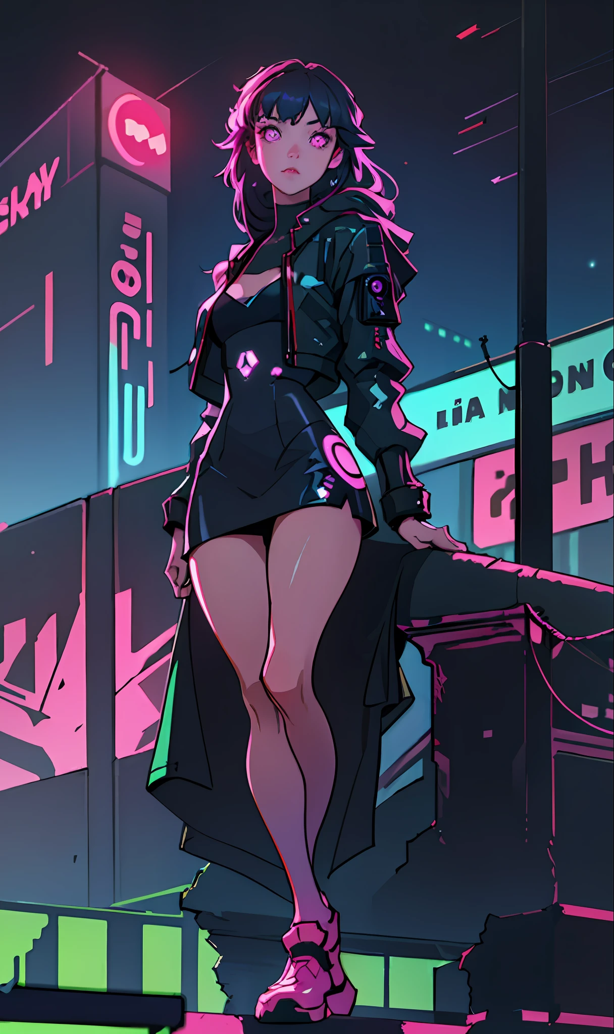 (best quality, masterpiece1.2), (detailed eye:1.2), complex detail, depth of field, 1girl, city, cyberpunk, neon, neon lights, night, moon, full-length, beautiful body, cyber costume