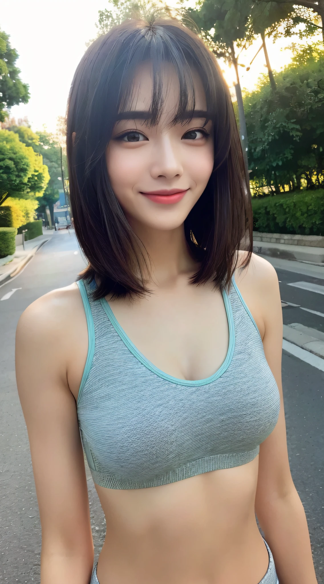 ((Top Quality, 8k, Masterpiece: 1.3)), Sharp Focus: 1.2, Perfect Body Shape Pretty Woman: 1.4, Slender Abs: 1.2, (Layered Haircut, Big: 1.8), (Sports Bra: 2.0), (Jogging: 1.8), (Street: 1.2), Highly Detailed Face and Skin Texture, Detailed Eyes, Double Eyelids, Smile, Bokeh,