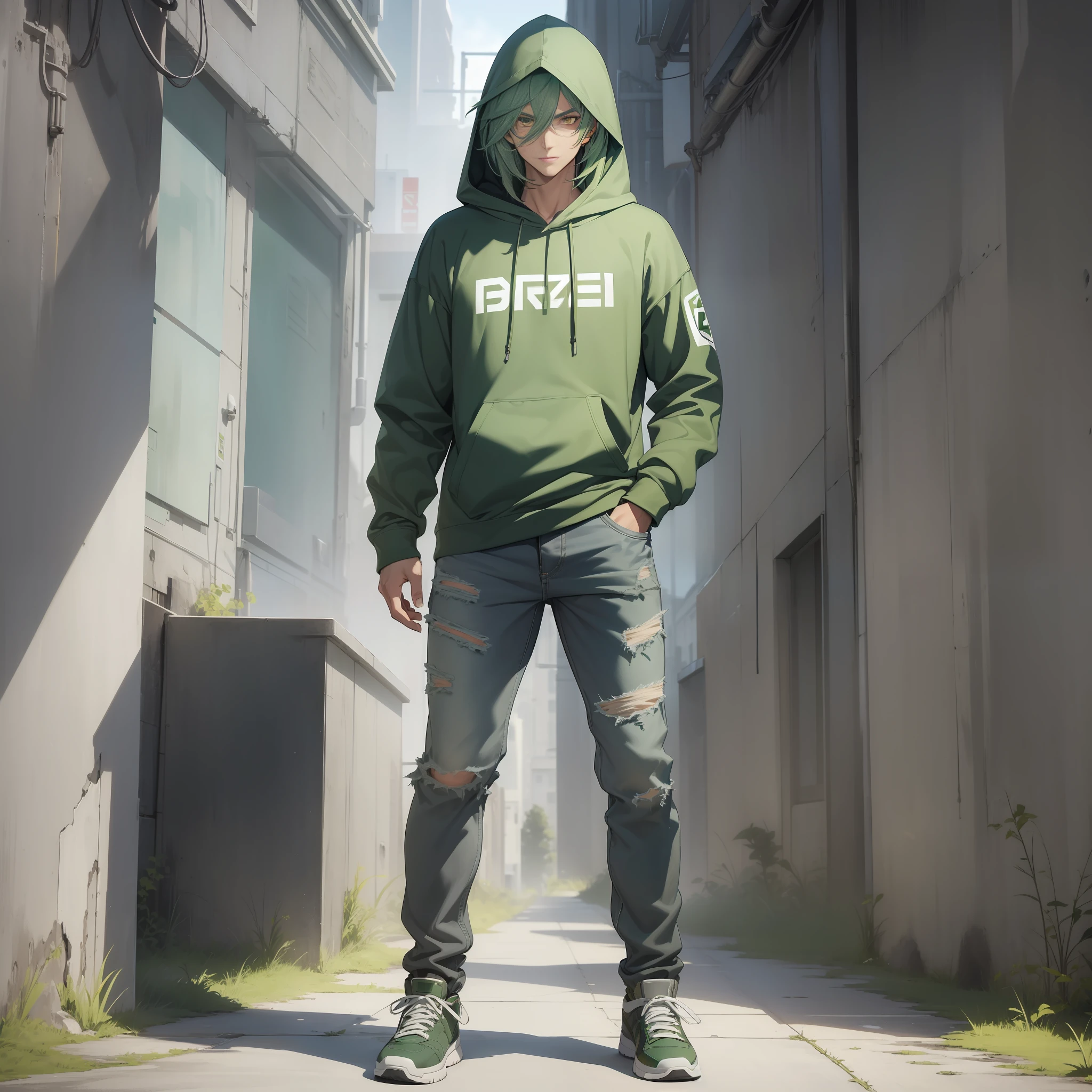 A handsome guy named, standing, Grey jeans, (full body), ((green hair layered laterally)) , (Hooded head), (yellow eyes), oval face, Grey hoodie, angular, tall nose, big eyes, confidence, sunshine, pure gray round neck short sleeves, white background, best quality, super detailed.