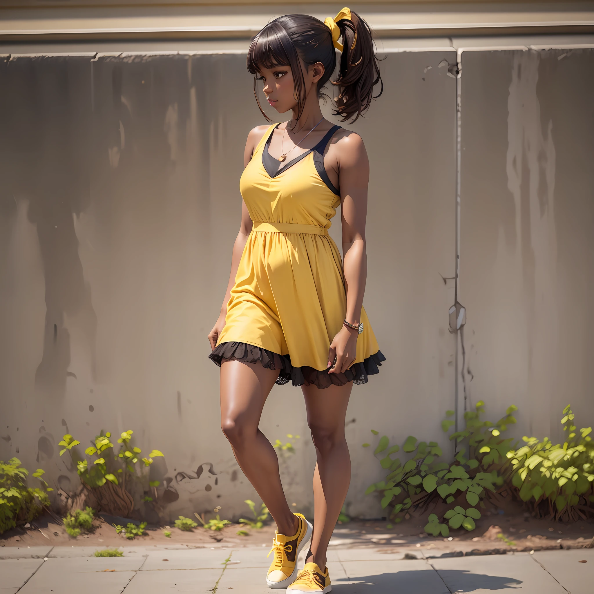 dark brown ponytail hair with fringe, chocolate skin, short yellow dress, slip on shoes barefoot, walking --auto --s2