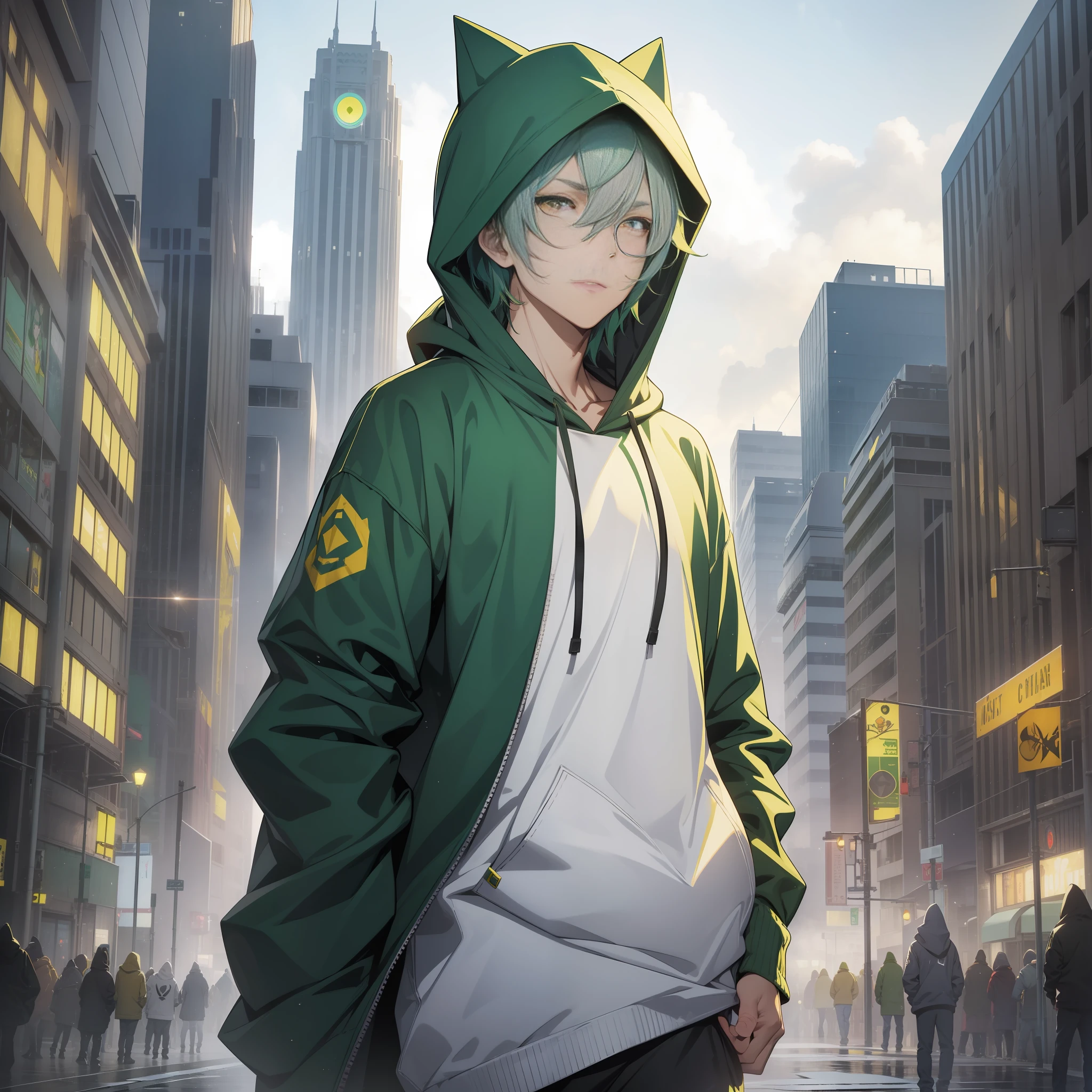 A handsome guy named, standing, ((full body)), green hair layered laterally, (Hooded head), (yellow eyes), oval face, Grey hoodie, angular, tall nose, big eyes, confidence, sunshine, pure gray round neck short sleeves, white background, best quality, super detailed.
