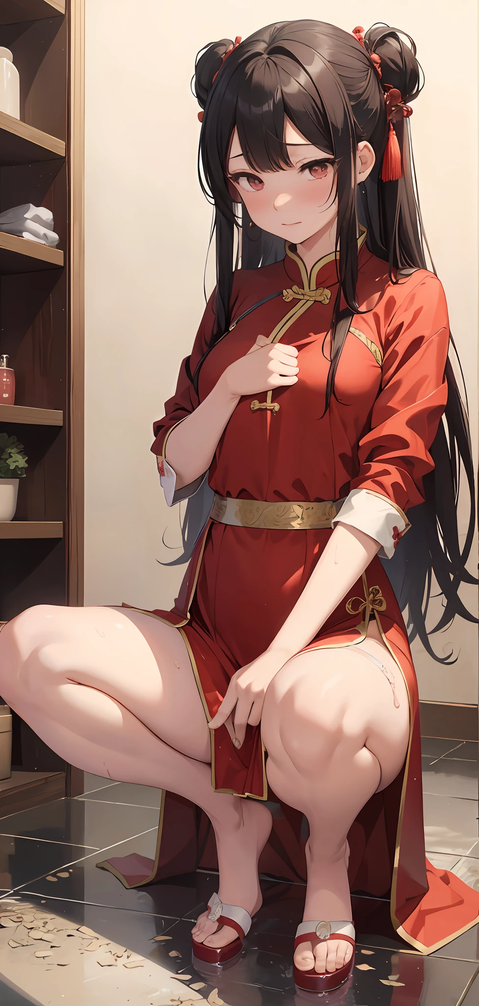 Peeing herself, red Chinese dress, Chinese hair styles, long hair, wetting herself, self arousal, separated legs, tighs together, wet dress, bashful face, feeling humiliation, panty down, panty on legs, pee, feeling relief, feeling satisfied