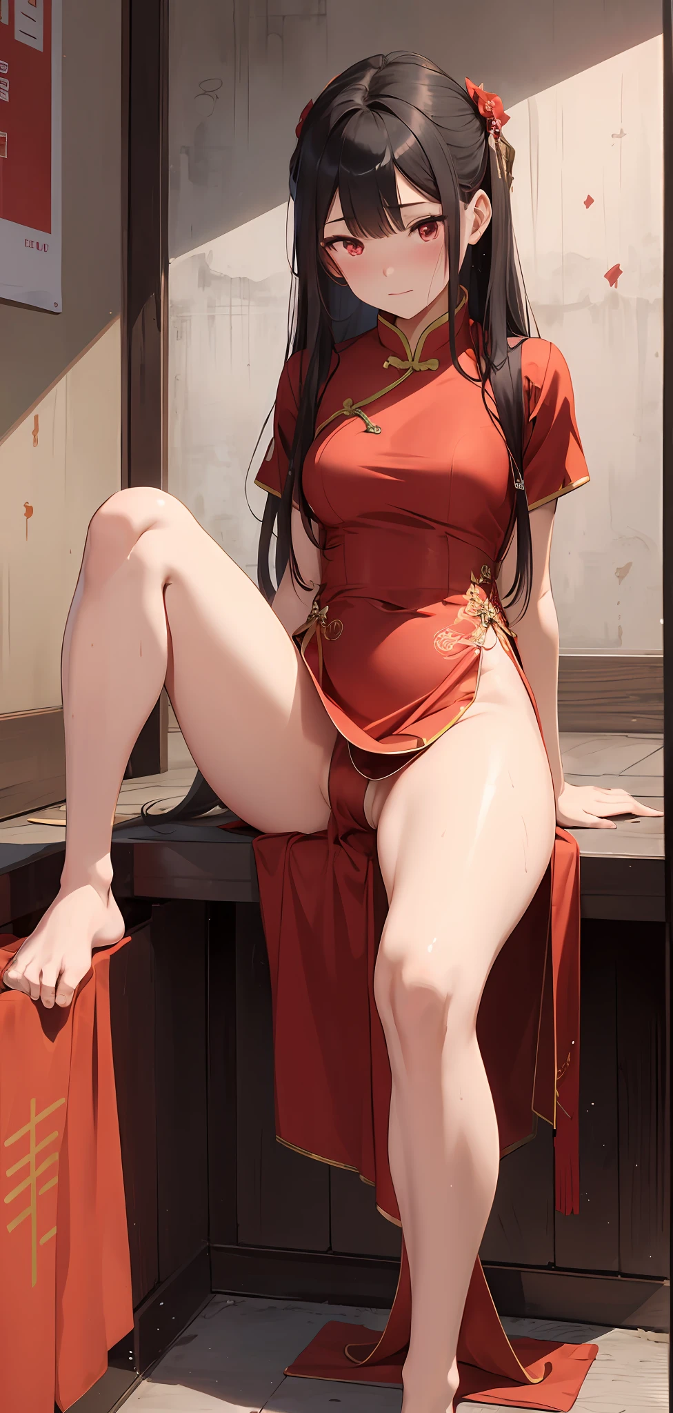 Peeing herself, red Chinese dress, Chinese hair styles, long hair, wetting herself, self arousal, separated legs, tighs together, wet dress, bashful face, feeling humiliation, panty down, panty on legs, pee, feeling relief, feeling satisfied