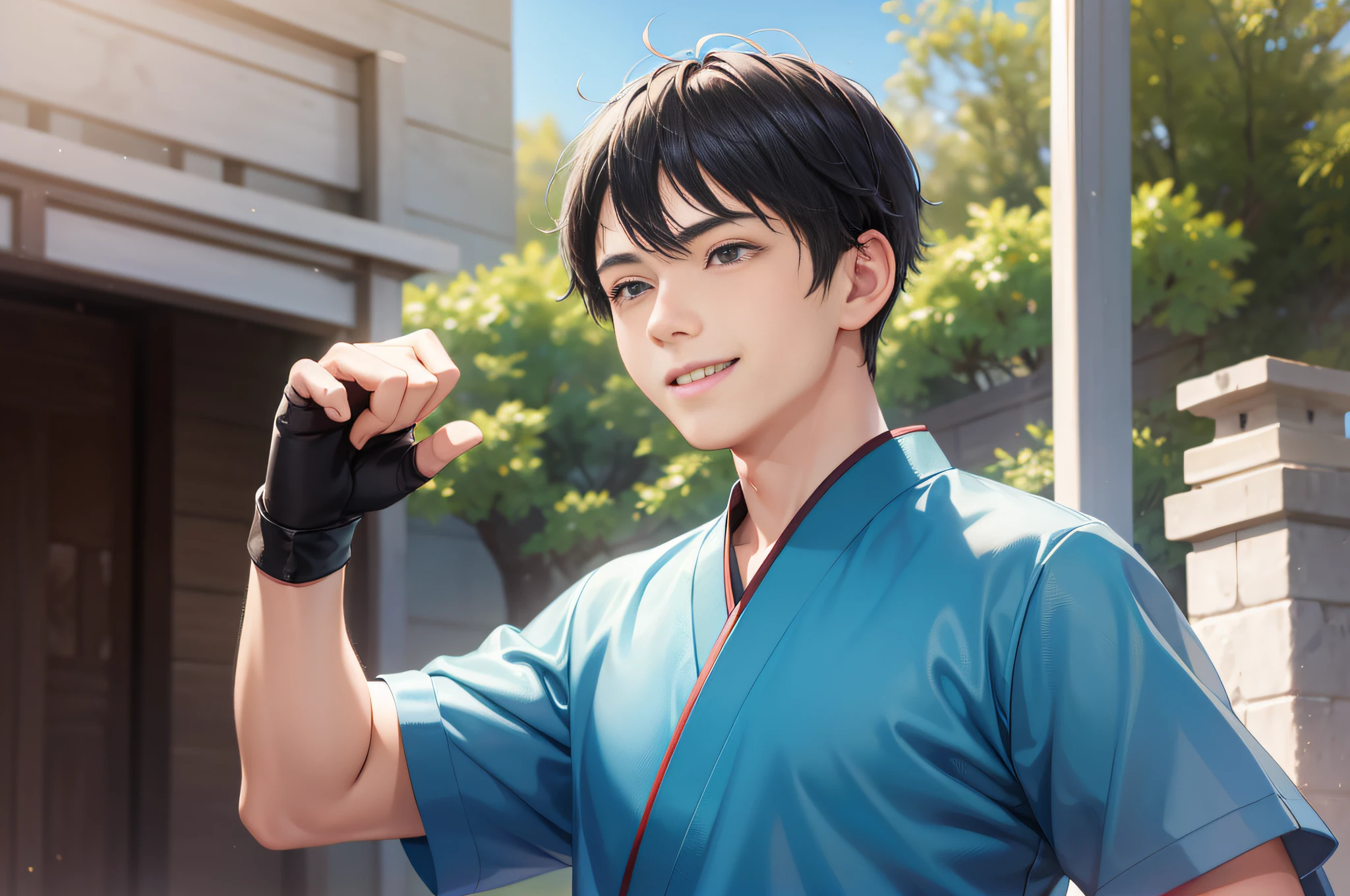 Boy,  boy, standing outside, martial arts training ground, looking ahead, smiling, satisfied, gratified, cyan clothes, ancient costume, martial arts training uniform, black hair, super short hair, 4K, HD, many details, ancient martial arts style, Chinese martial arts.