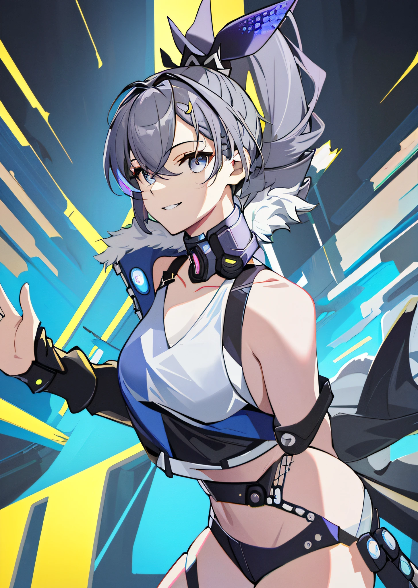 ((masterpiece)), super high quality, curly high ponytail girl, gray hair, cyberpunk style, petite body, smile, dynamic pose, golden section, lens highlights focus, large aperture, side light effect, white background, clear details, bright tones, very impactful picture, clear brushes, half body, full of details, vivid eyes.